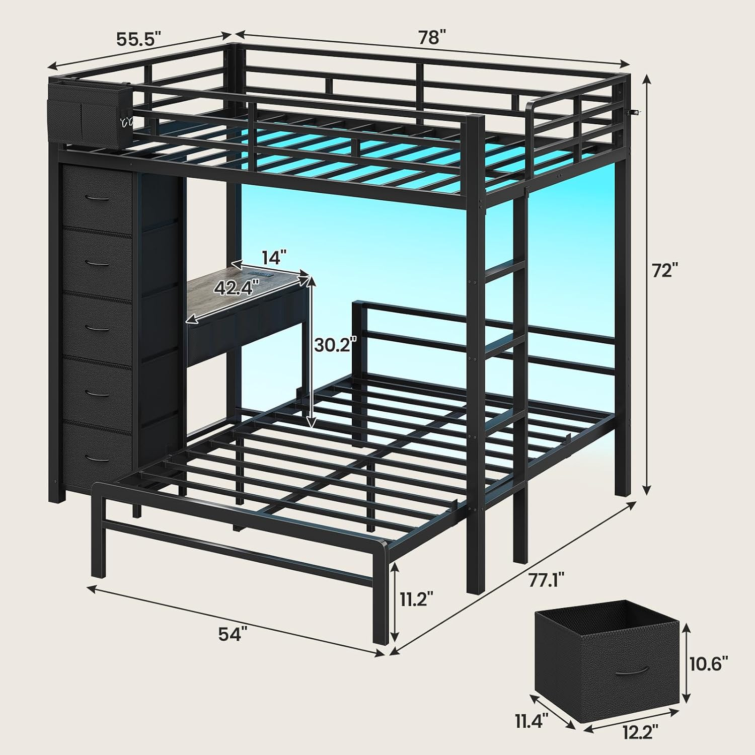 BTHFST Bunk Bed with Desk, Full over Full Bunk Beds with 5 Storage Drawers & Cha