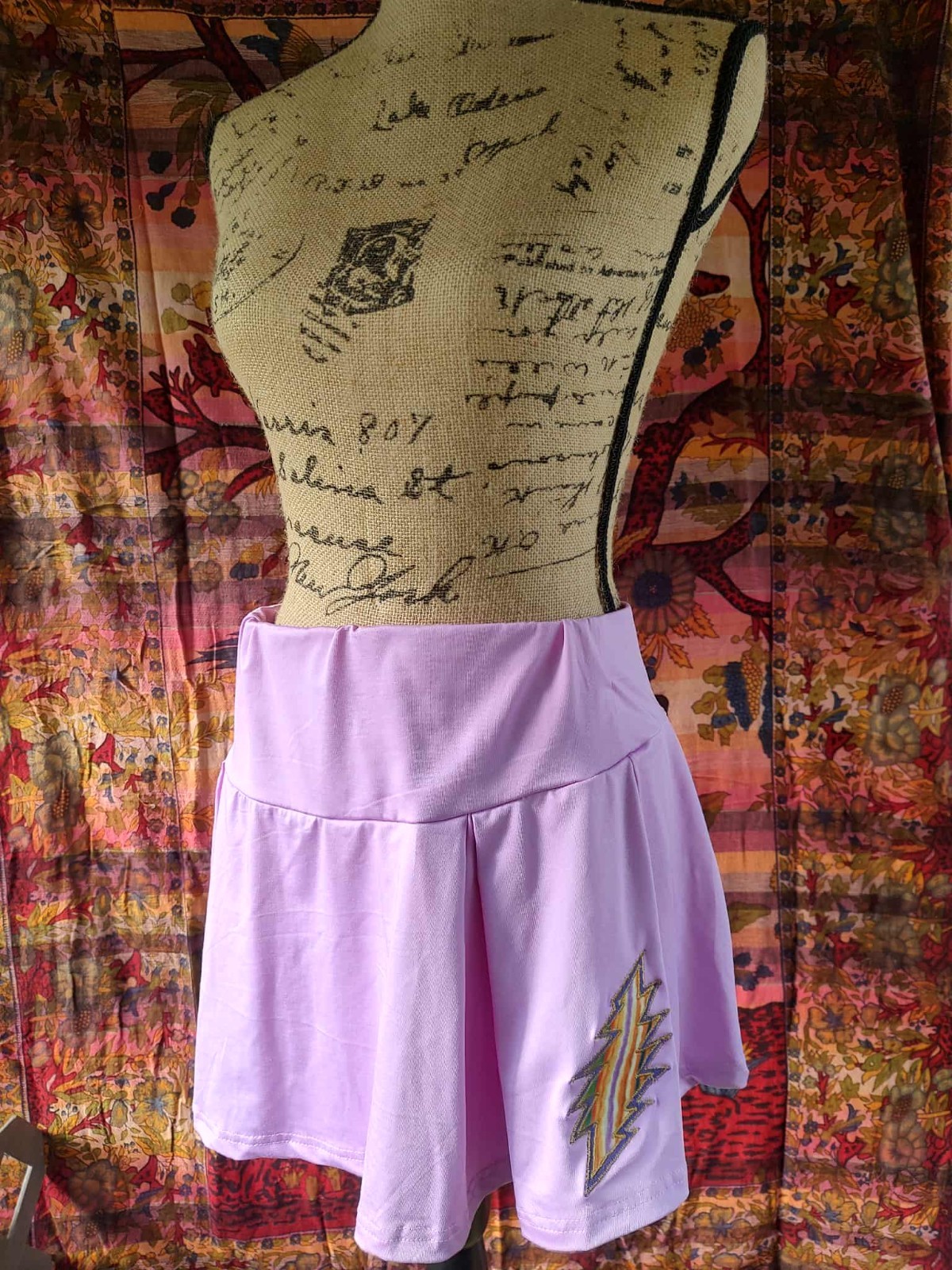 Grateful Dead Stretchy Purple Pleated Skirt w/ Double Layer Bolt Applique Patch