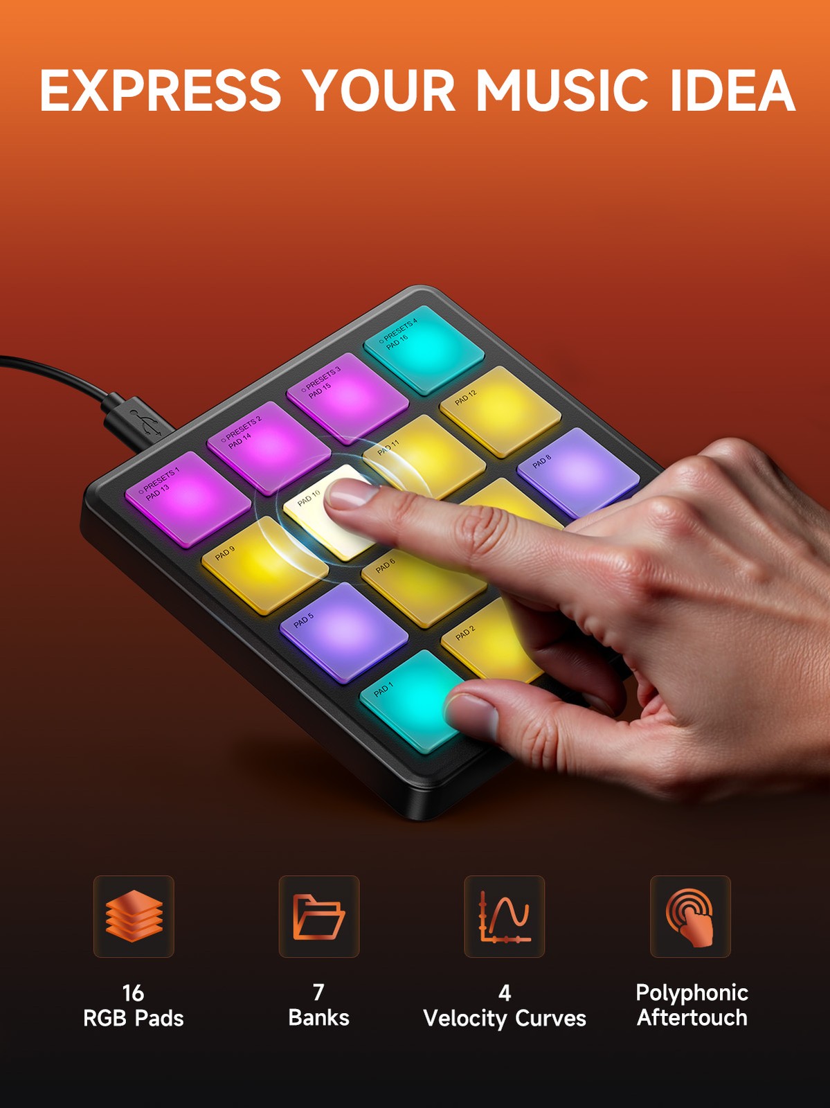 Donner STARRYPAD MINI Drum Machine 16 Pads Beat Maker Note Pad Controller