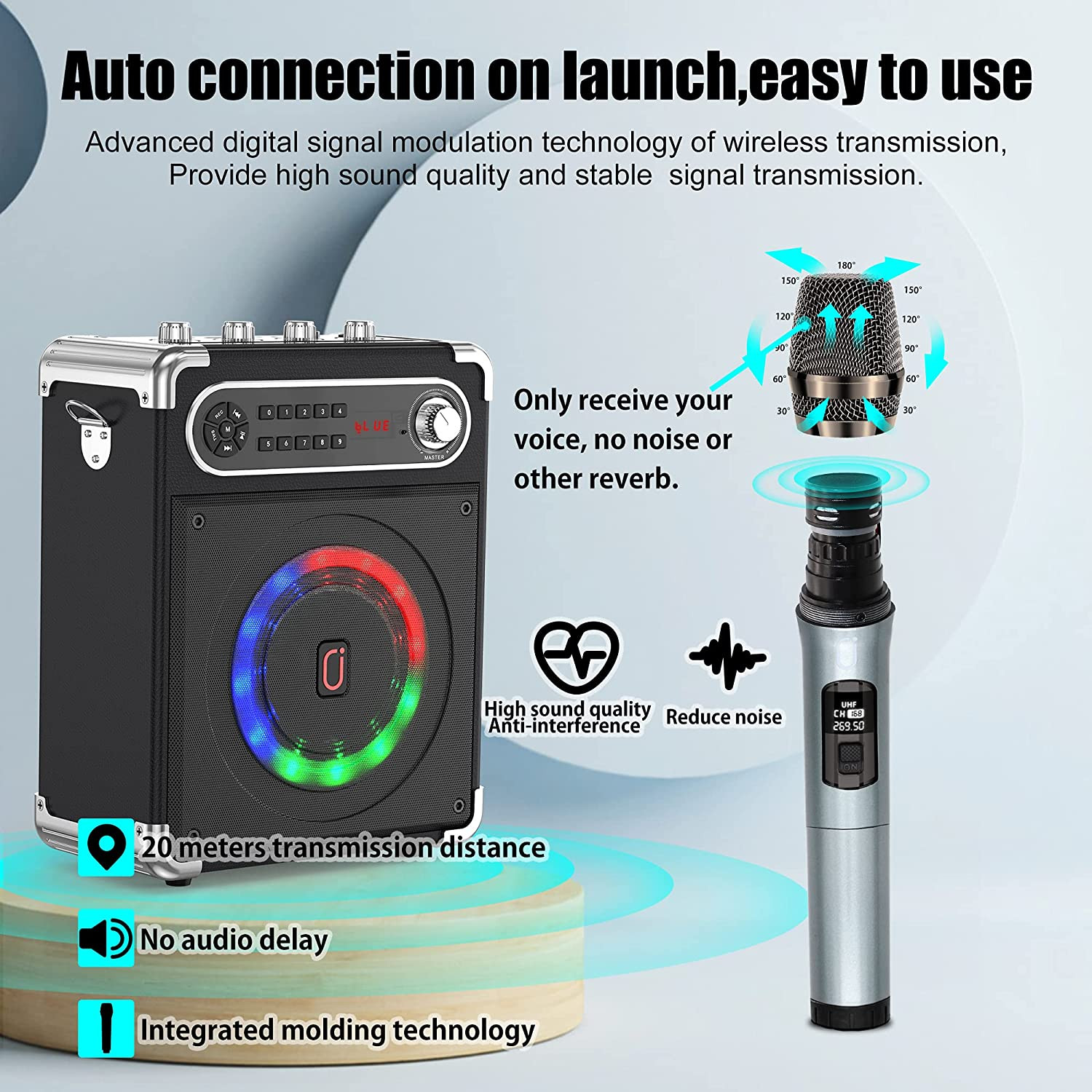 Karaoke Machine with Two Wireless Microphones, Portable Bluetooth Speaker with B
