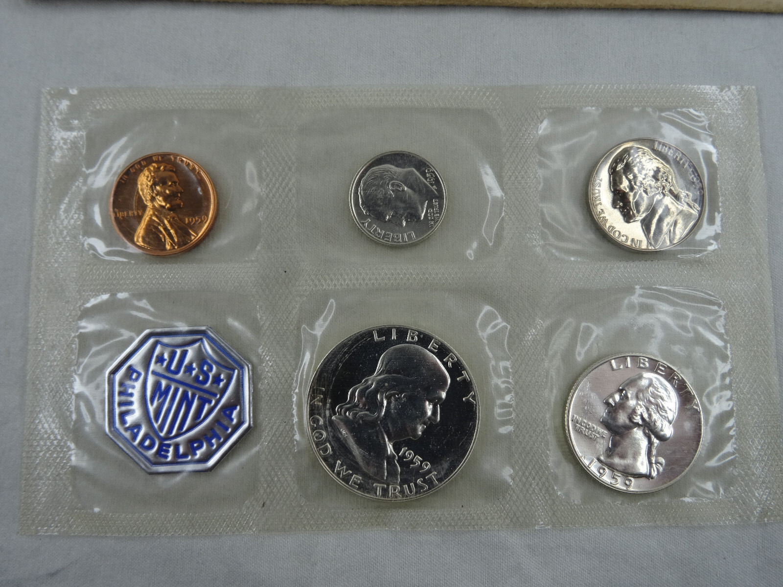 1959 Silver Proof Set US Mint OGP Envelope 90% Silver 5 Coins Franklin Half