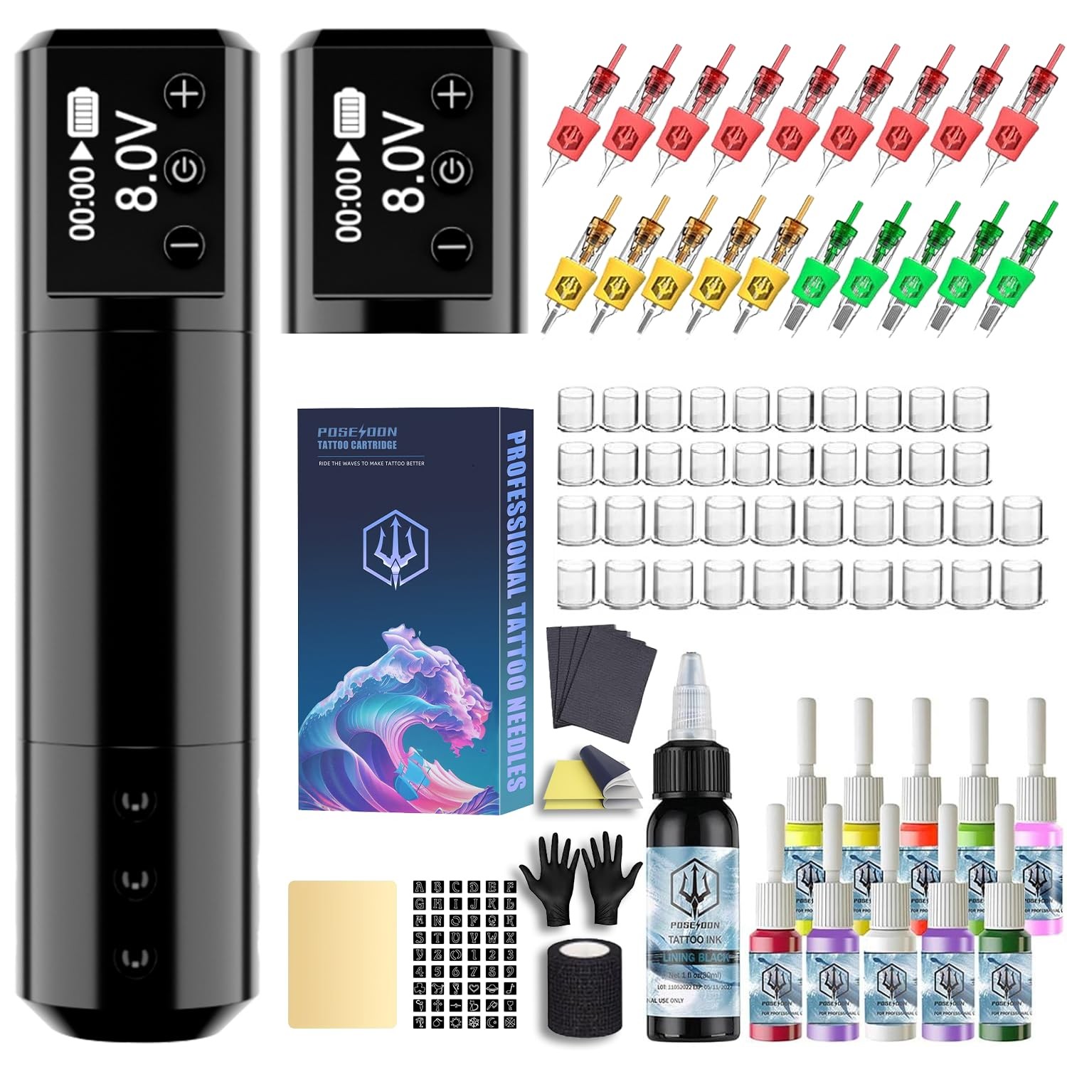 POSEIDON Wireless Rotary Tattoo Machine Kit with 20 TK125S, Black