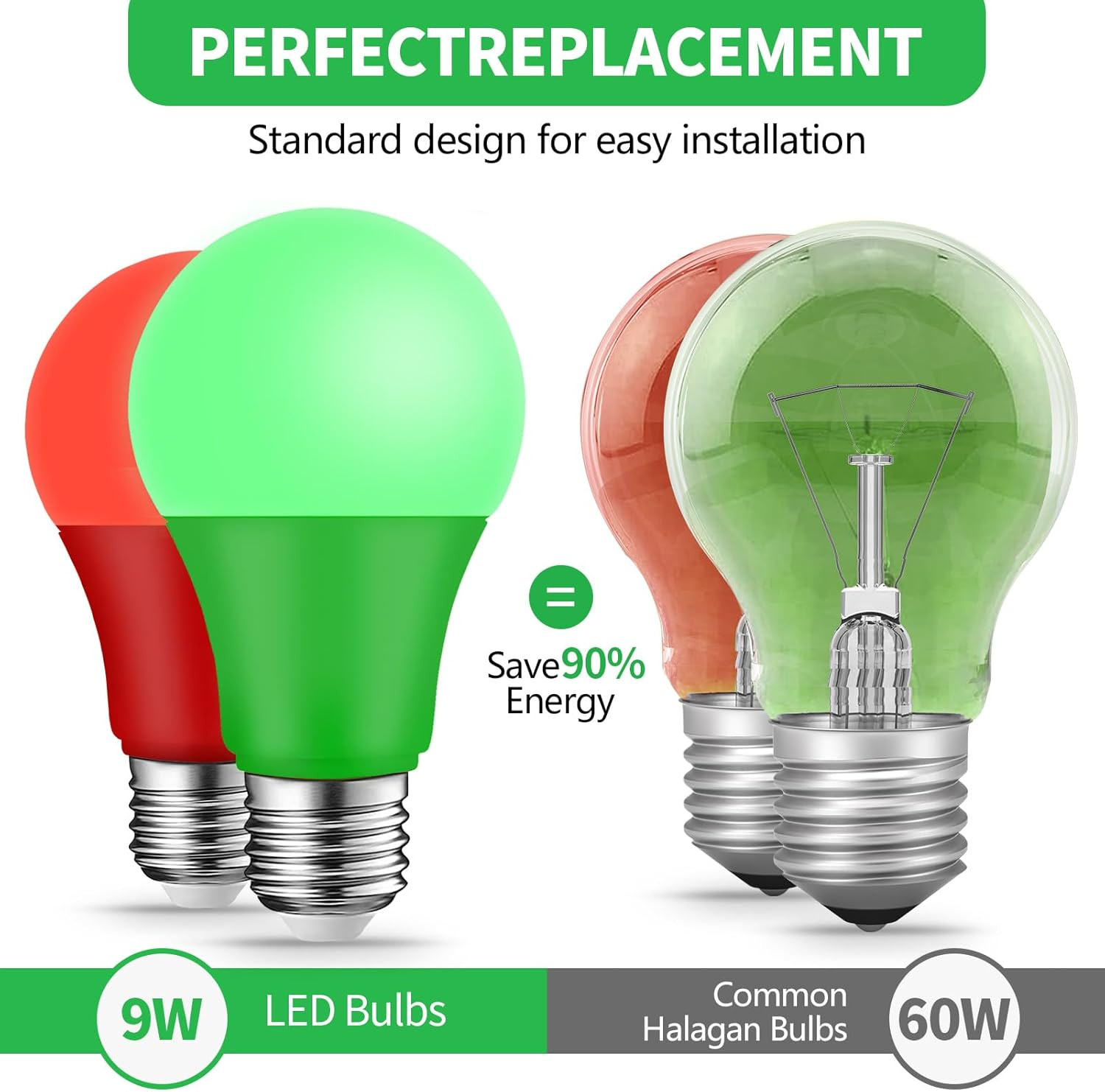 Green Light Bulbs - [ 4 Pack ] - 9W（60W Equivalent） E26 Base LED Colored Light B