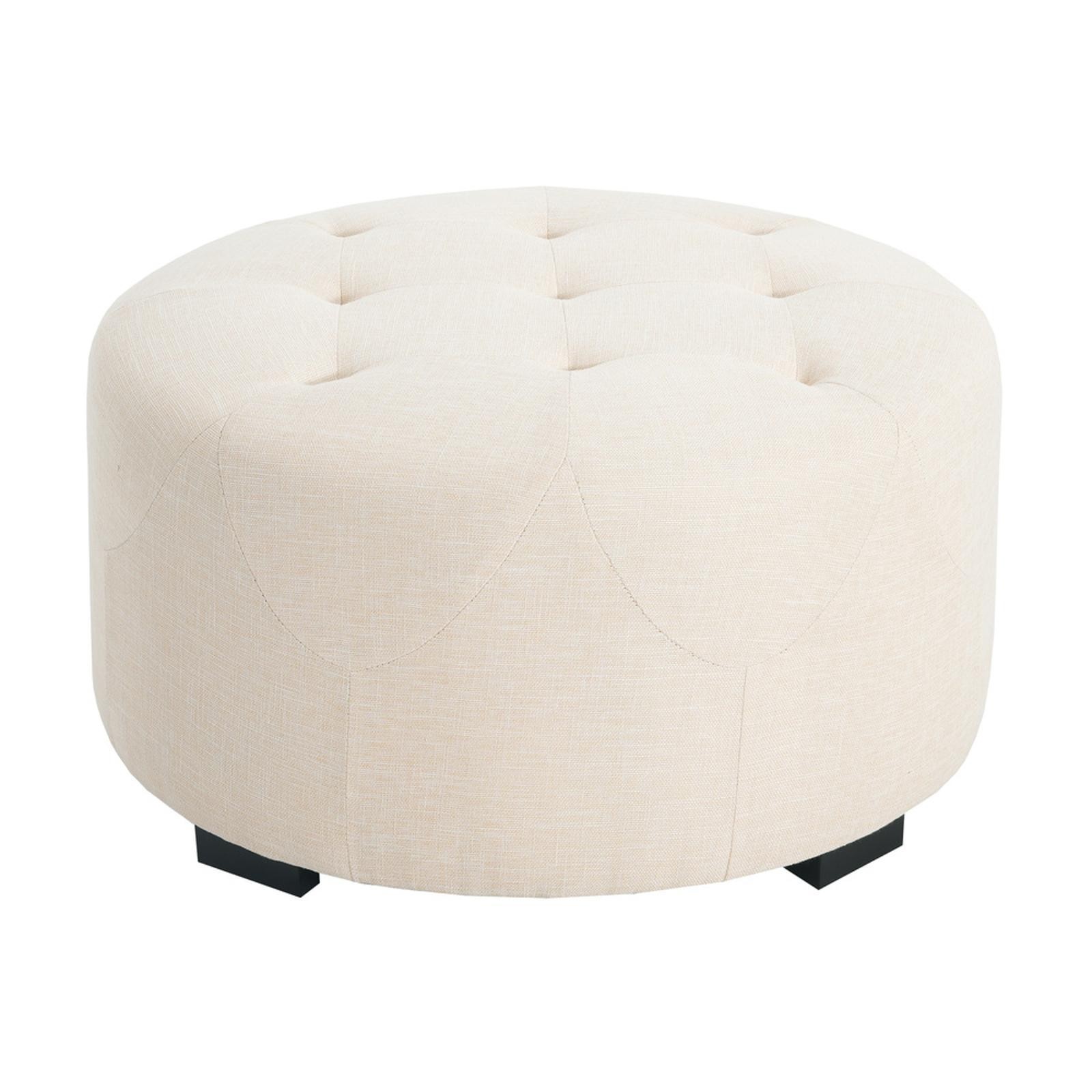 Contemporary Beige Round Ottoman with Birch Legs, Faux Linen Upholstery & Pocket