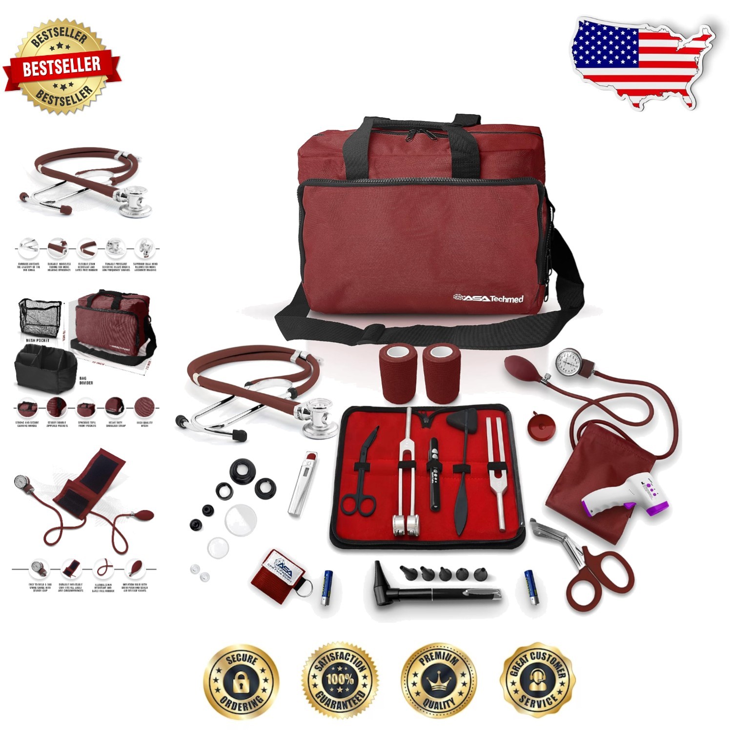 Professional Nurse Bag Kit Burgundy 18pc Stethoscope BP Monitor Otoscope
