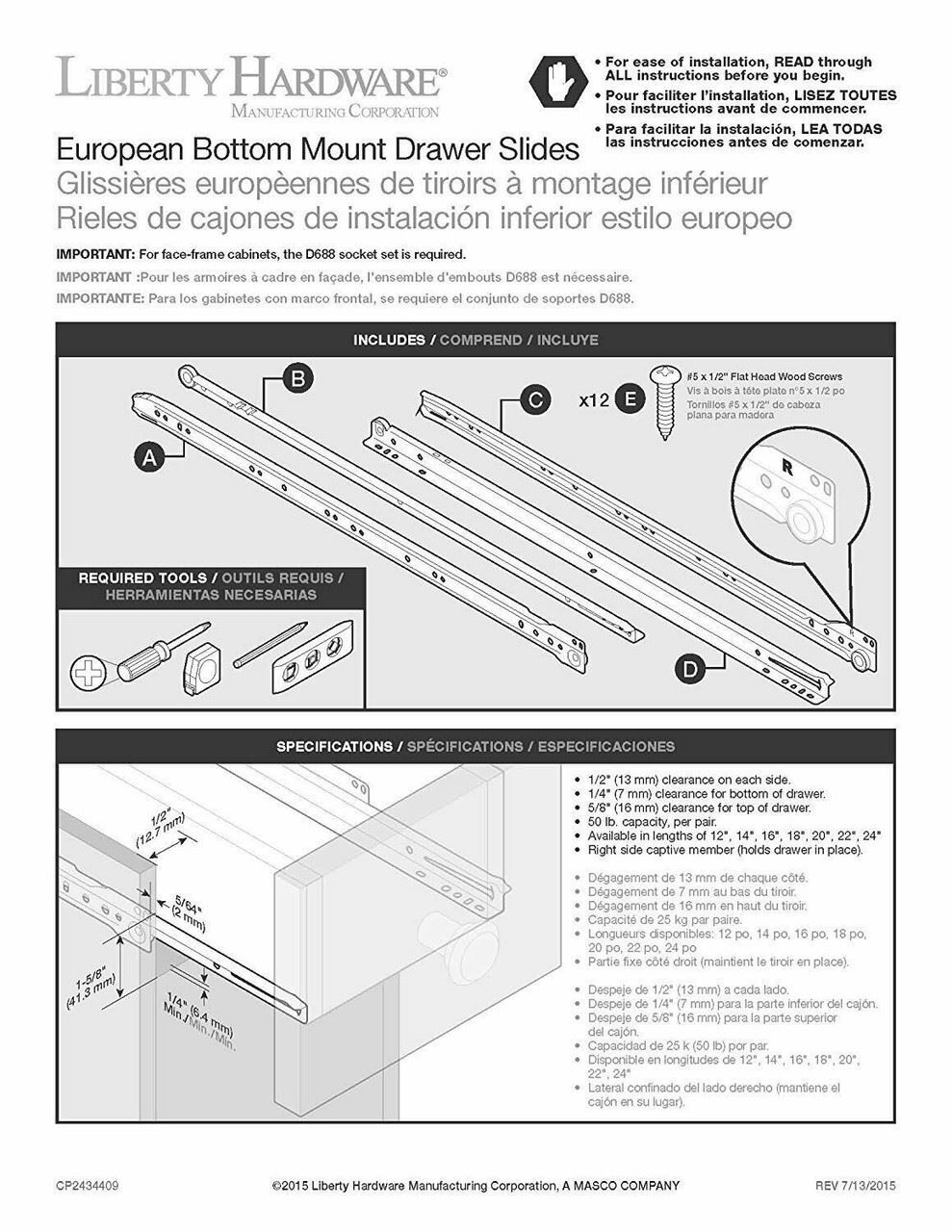 Drawer Slide Liberty - Bottom Side Mount Set - 22" (D65171-W-A) L-D66365-W-A