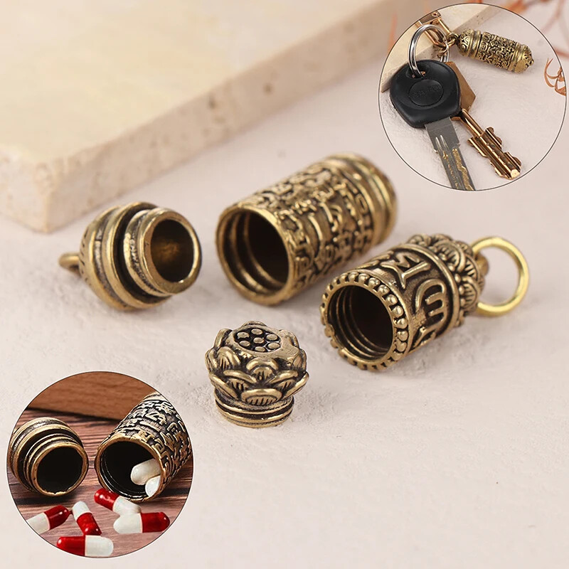 1Pc Hollow Brass Buddha Bottle Sutra Cylinder Pendant Keychain Handmade Vintage