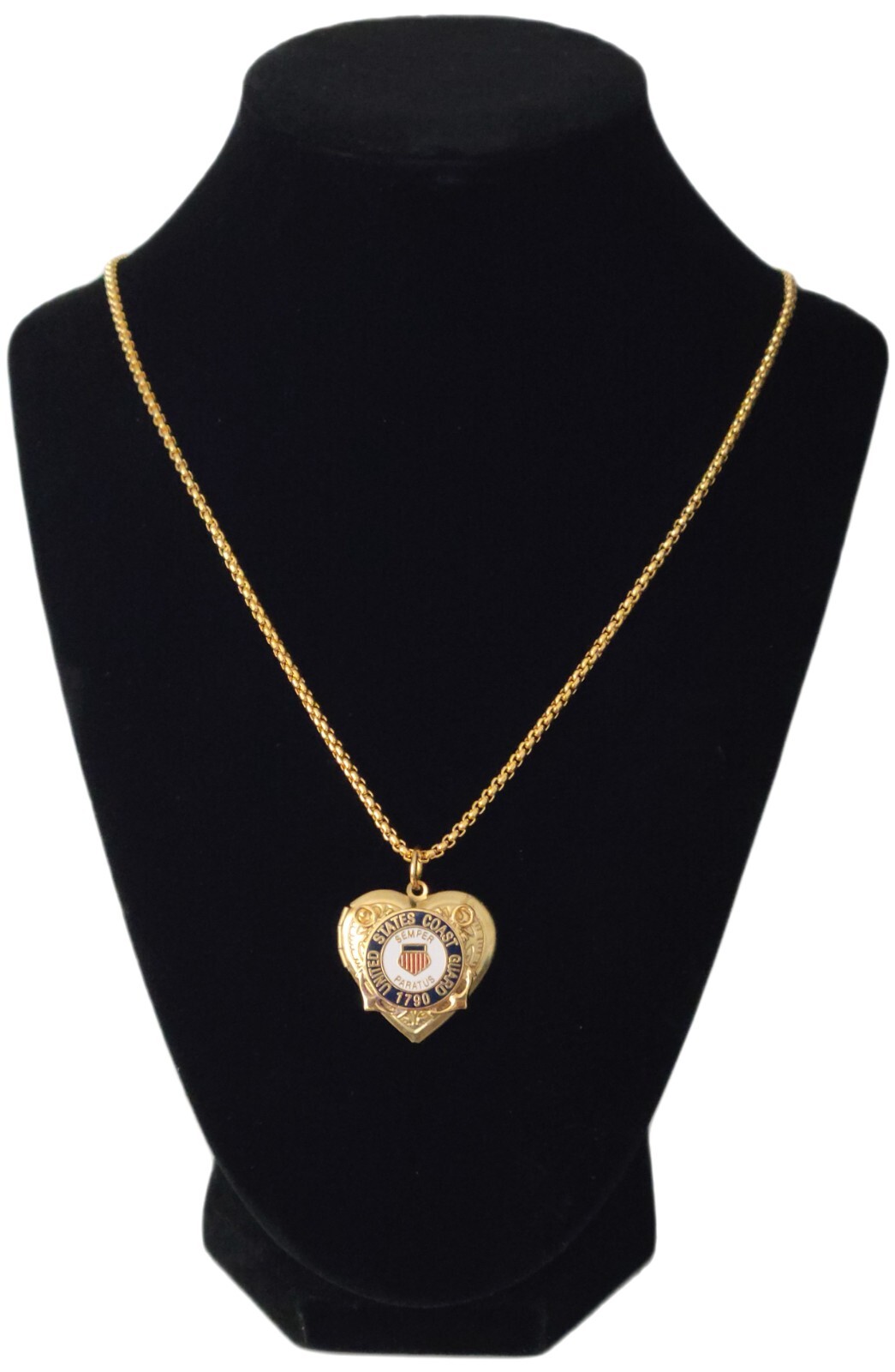 SWEETHEART USCG Coast Guard + GLD Chain Charm Heart Necklace DOUBLE PHOTO Rare