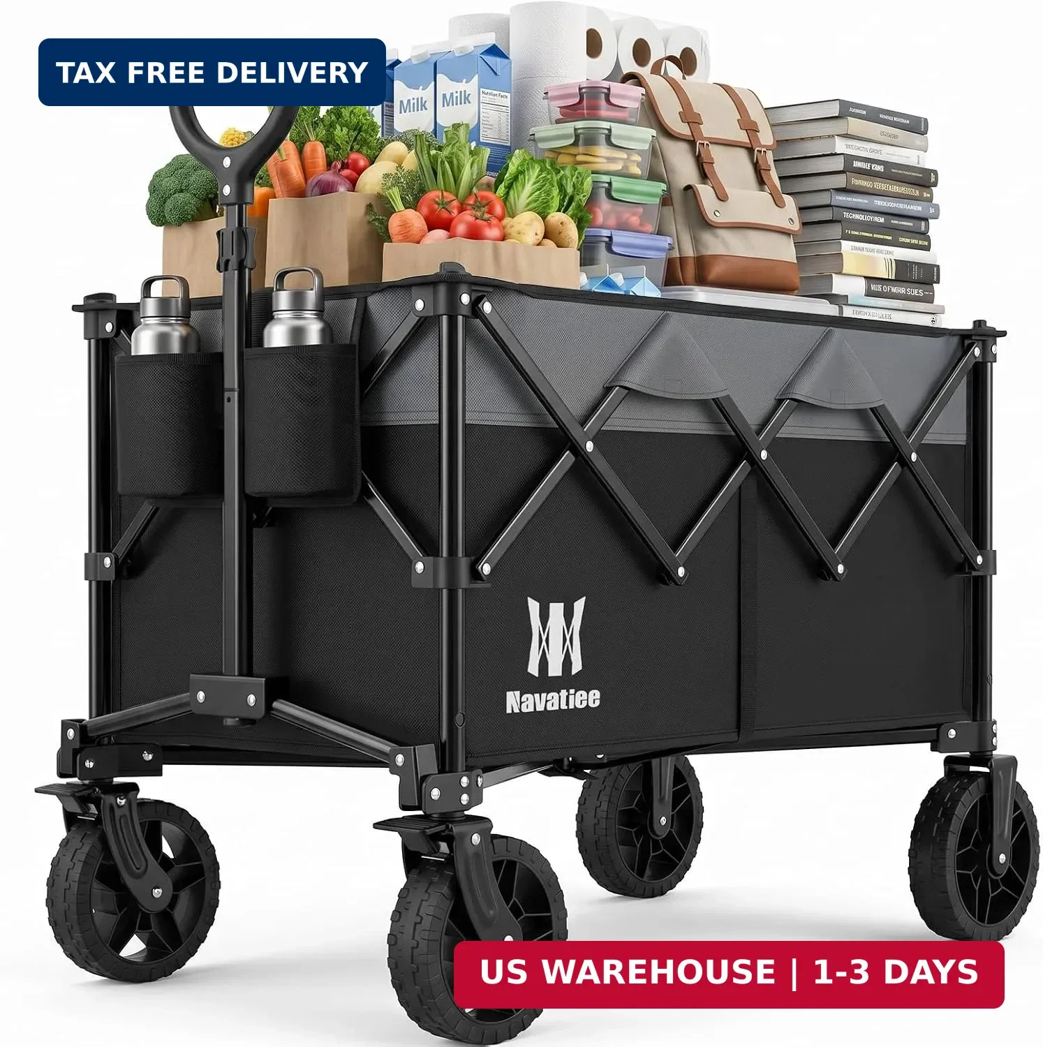 165L Collapsible Folding Wagon, Large Foldable Wagon with Silent All-Te