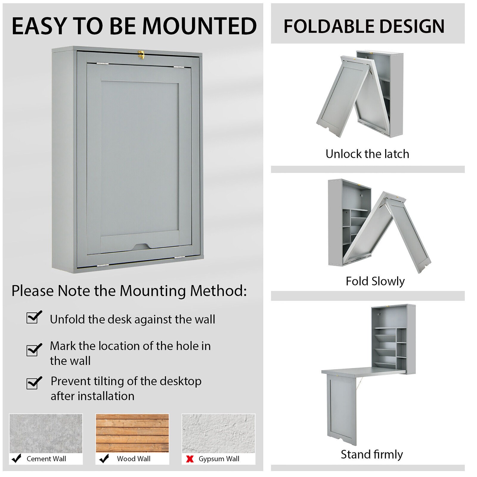 Wall Mounted Computer Convertible Desk Floating Desk w/ Storage Bookcases Grey