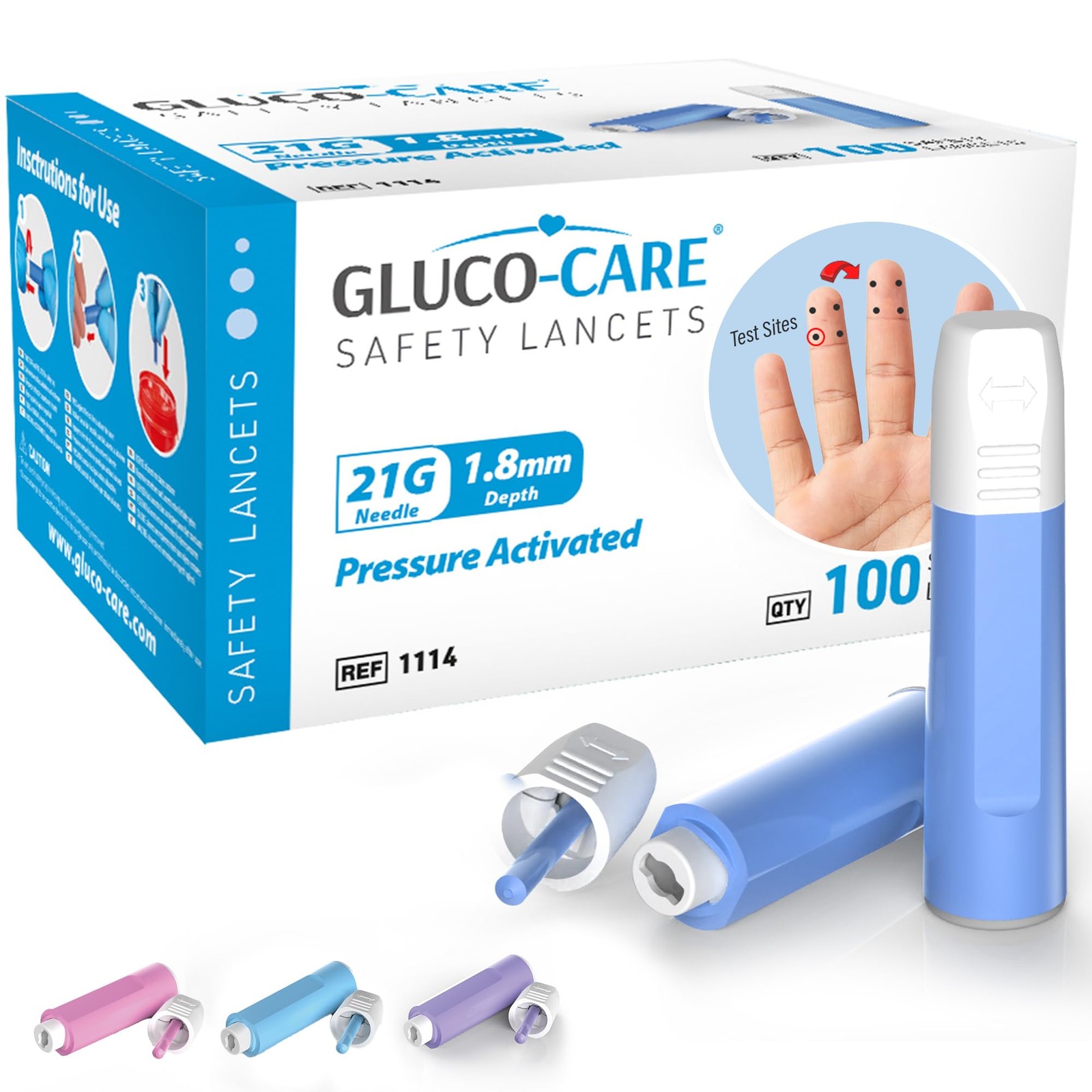 GLUCO-CARE Safety Lancets, Contact-Activated, 21Gx 1.8mm, 21G x Blue