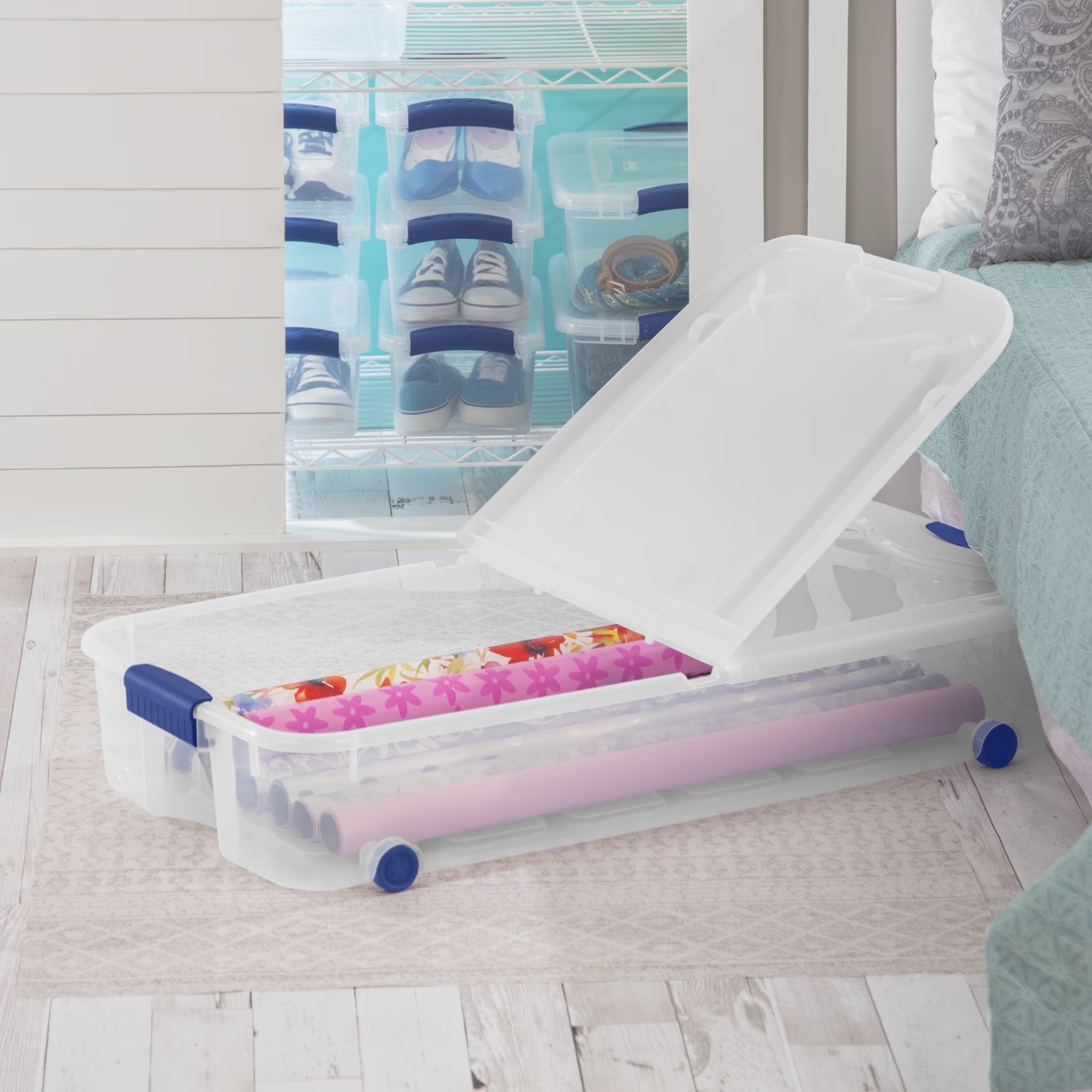 (2 pack) Sterilite 66 Quart Latching Underbed Wheeled Storage Bin, Clear Plastic