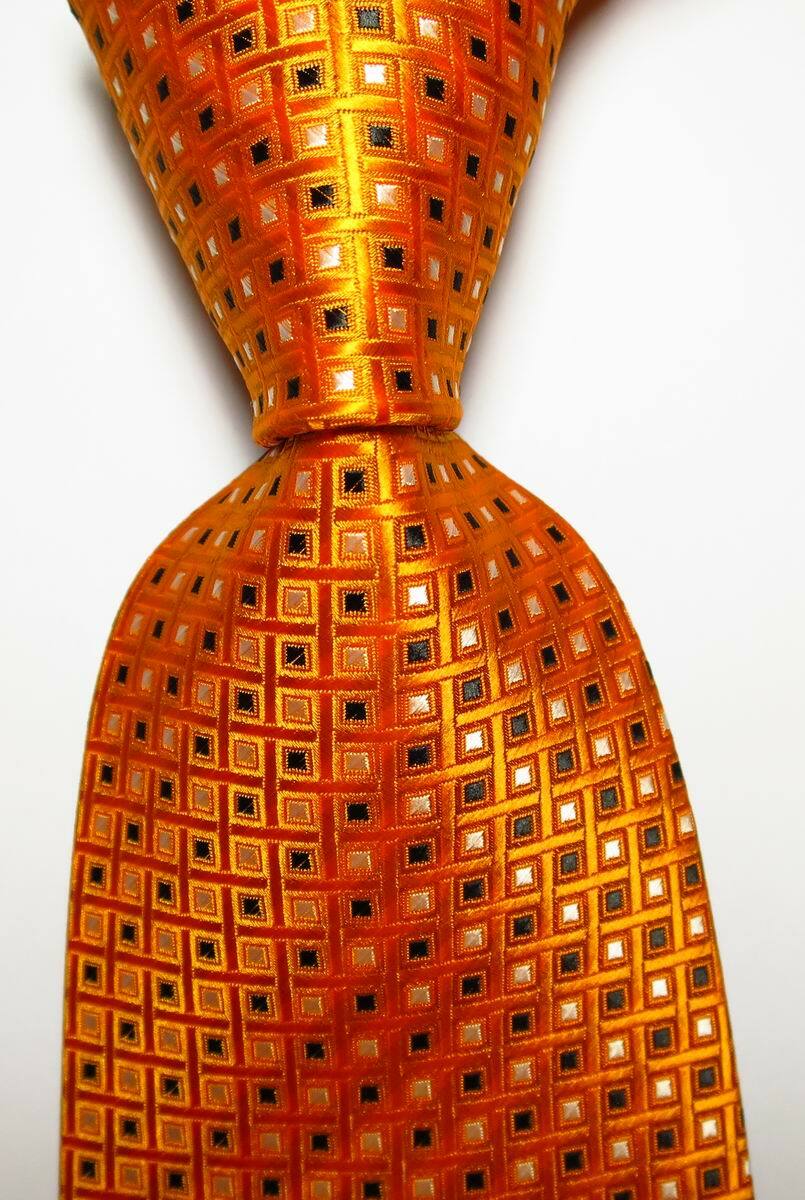 New Classic Checks Orange Black White JACQUARD WOVEN 100% Silk Men's Tie Necktie