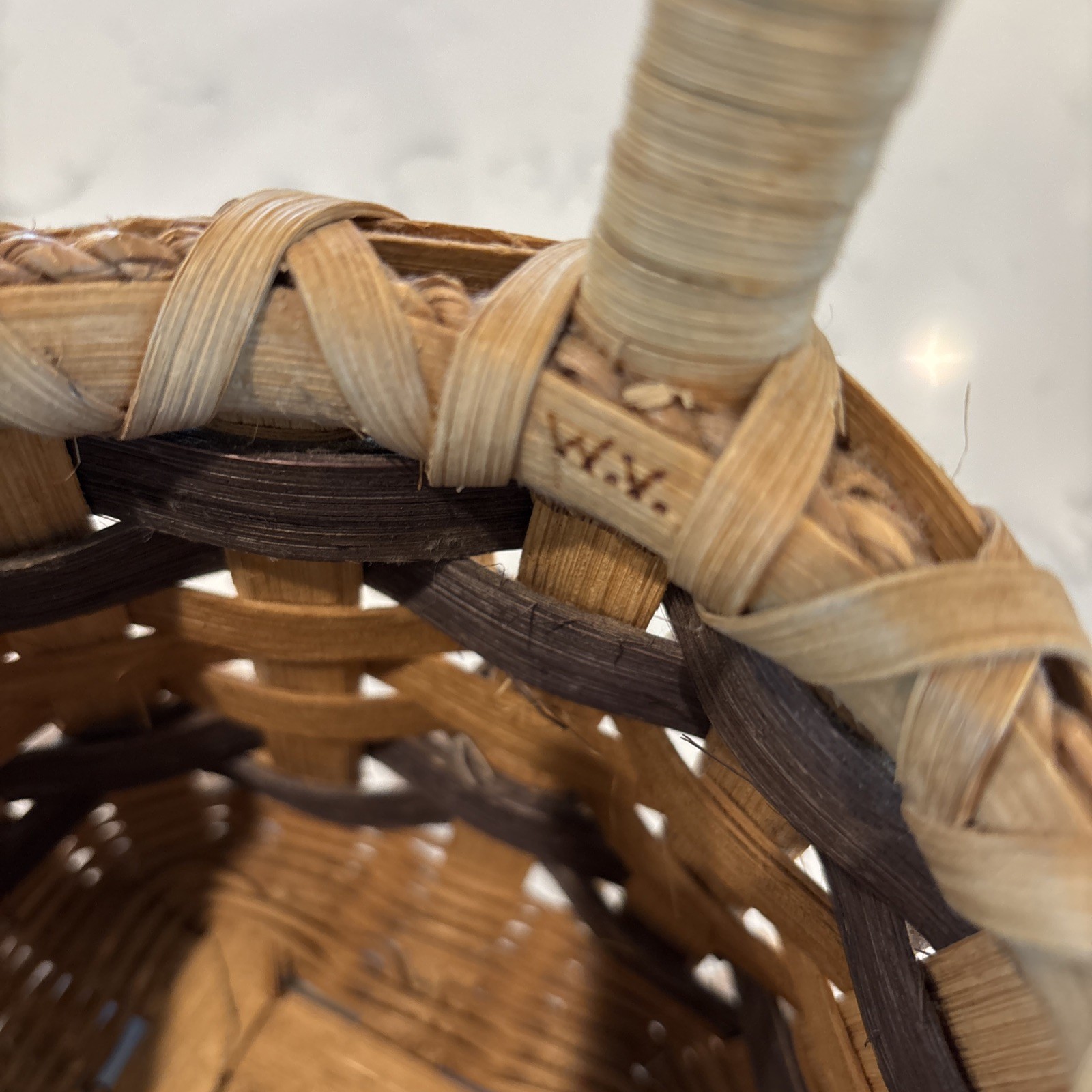 Vintage Split Oak Basket 2 Tone Braided Handle Twisted Woven Pattern Signed Date