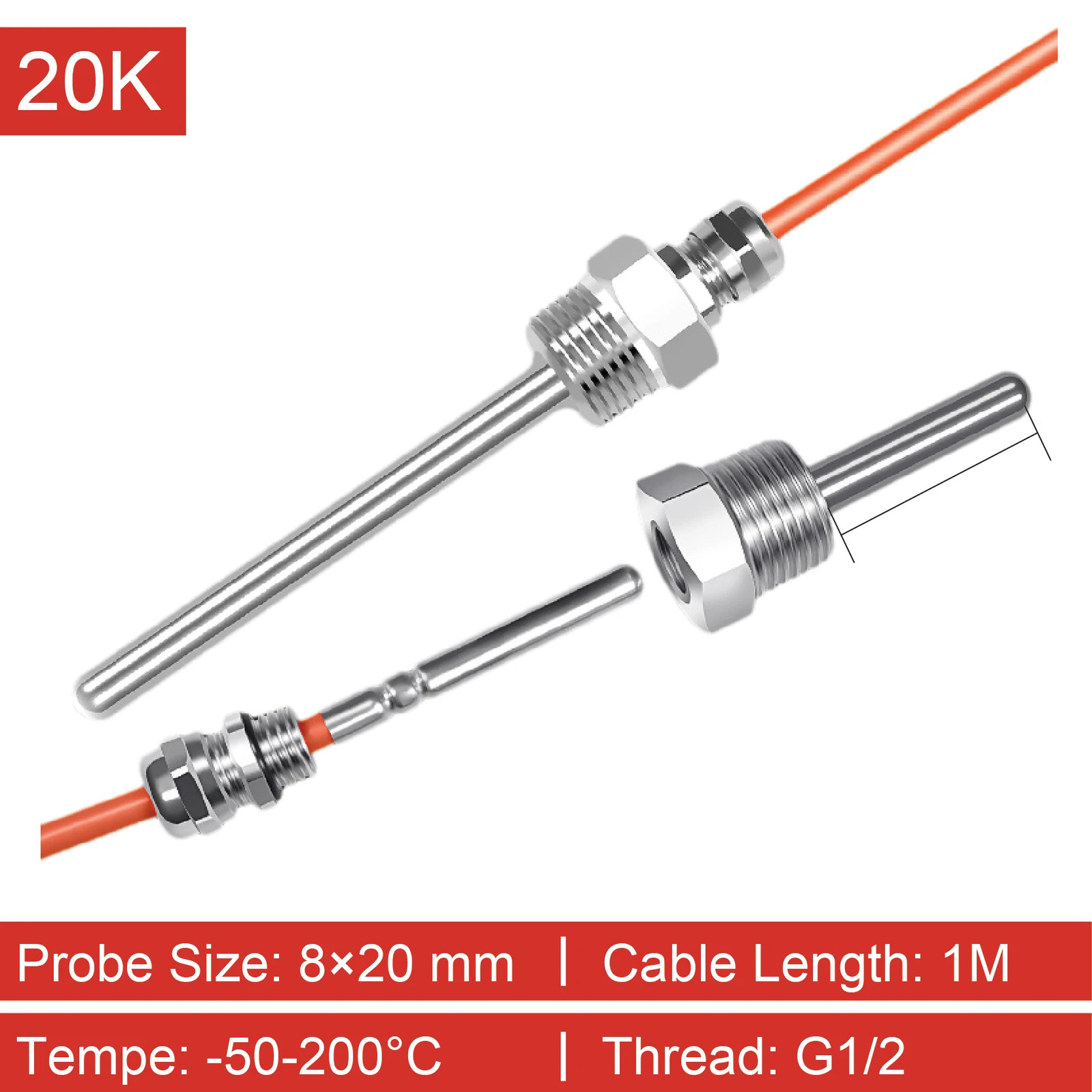 Thermistor Temperature Sensor Waterproof NTC 10K 50K 100K G1/2 Thread Probe