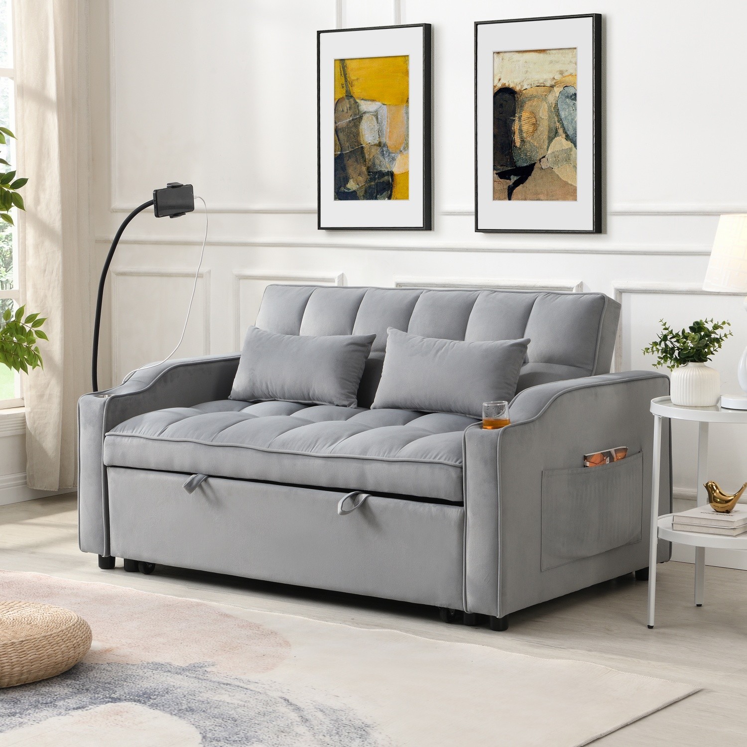 Modern Convertible Sleeper Sofa Bed Loveseat Sofa with Pull-Out Bed & USB Ports