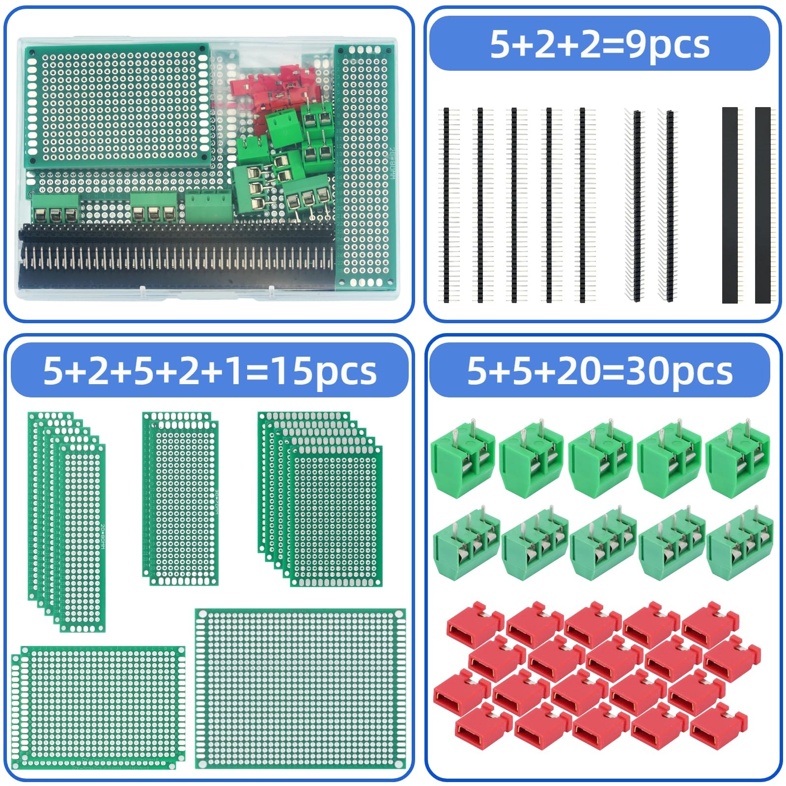 54 Pcs Double Sided PCB Perf Board Kit in 5 Sizes Perfboard Compatible with for