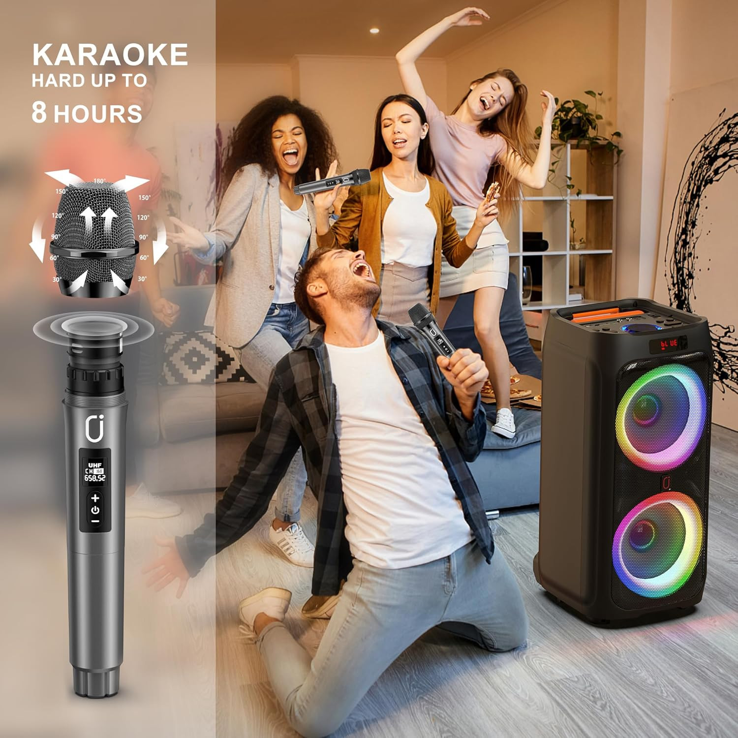 Karaoke Machine with 2 Wireless Microphones, 24" Big Portable Bluetooth Speaker
