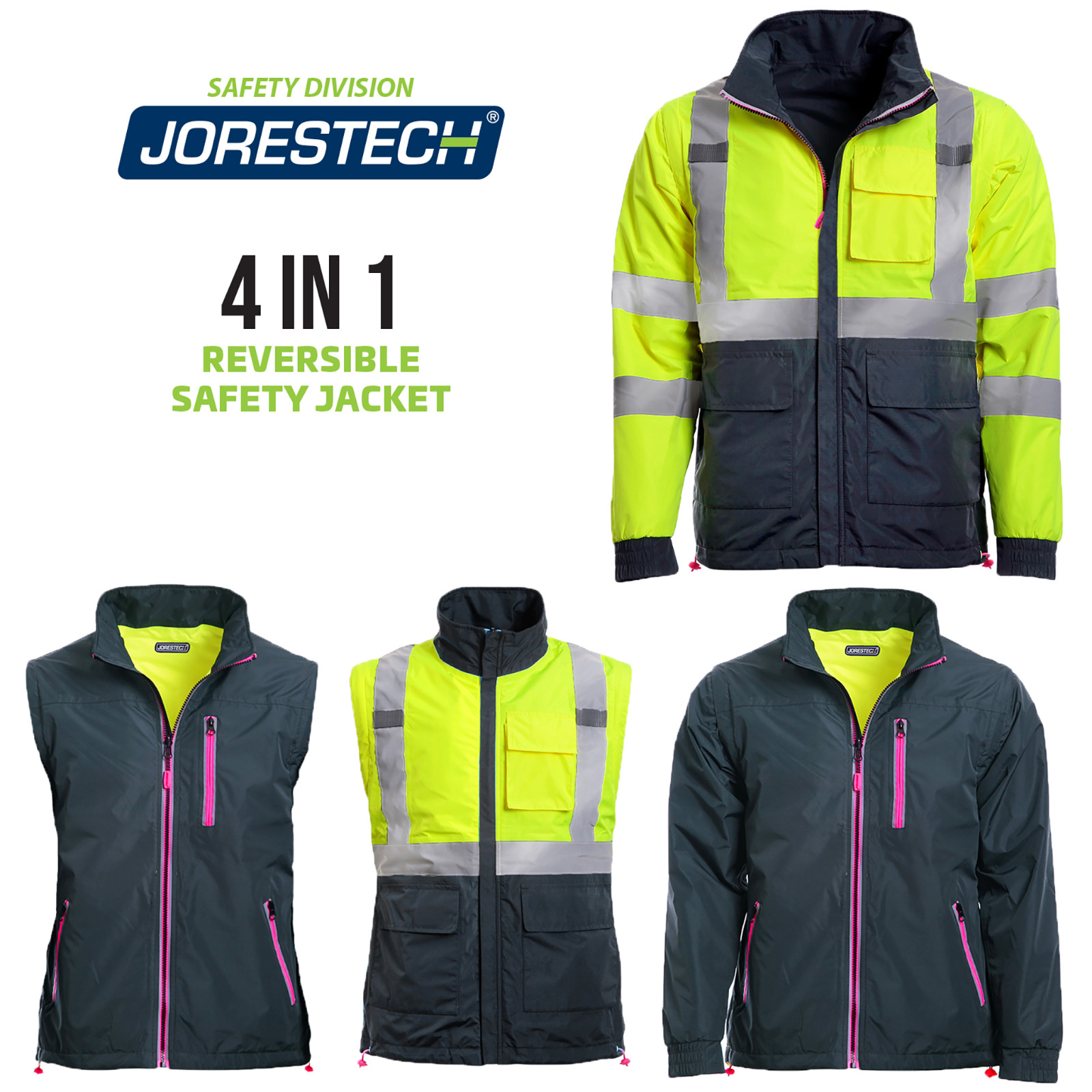 4 in 1 Hi Vis Visibility Reversible Women Safety Jacket JORESTECH Windbreaker
