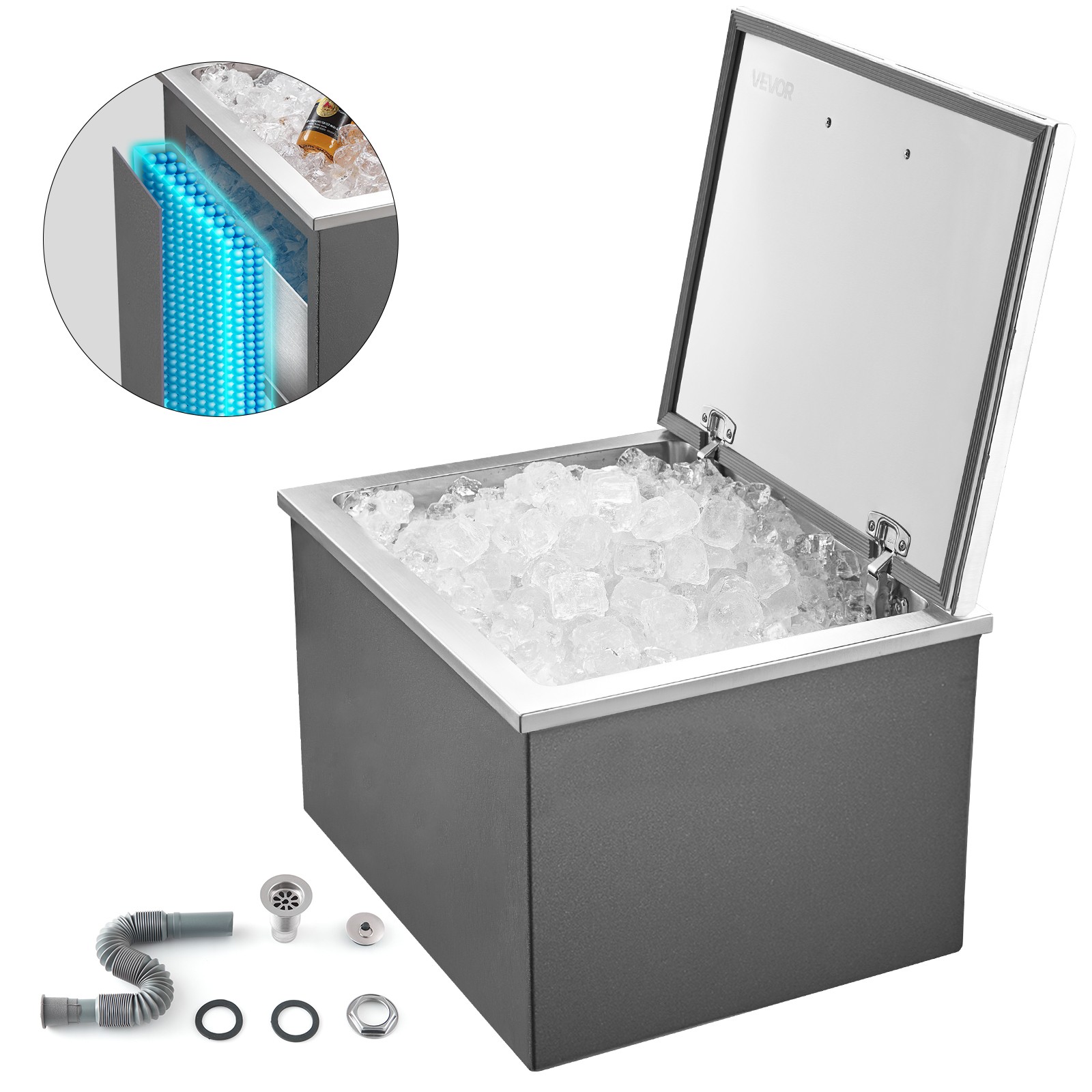 VEVOR 44.7 Qt Drop in Ice Chest Ice Cooler Ice Bin Stainless Steel 20"x16"x13"