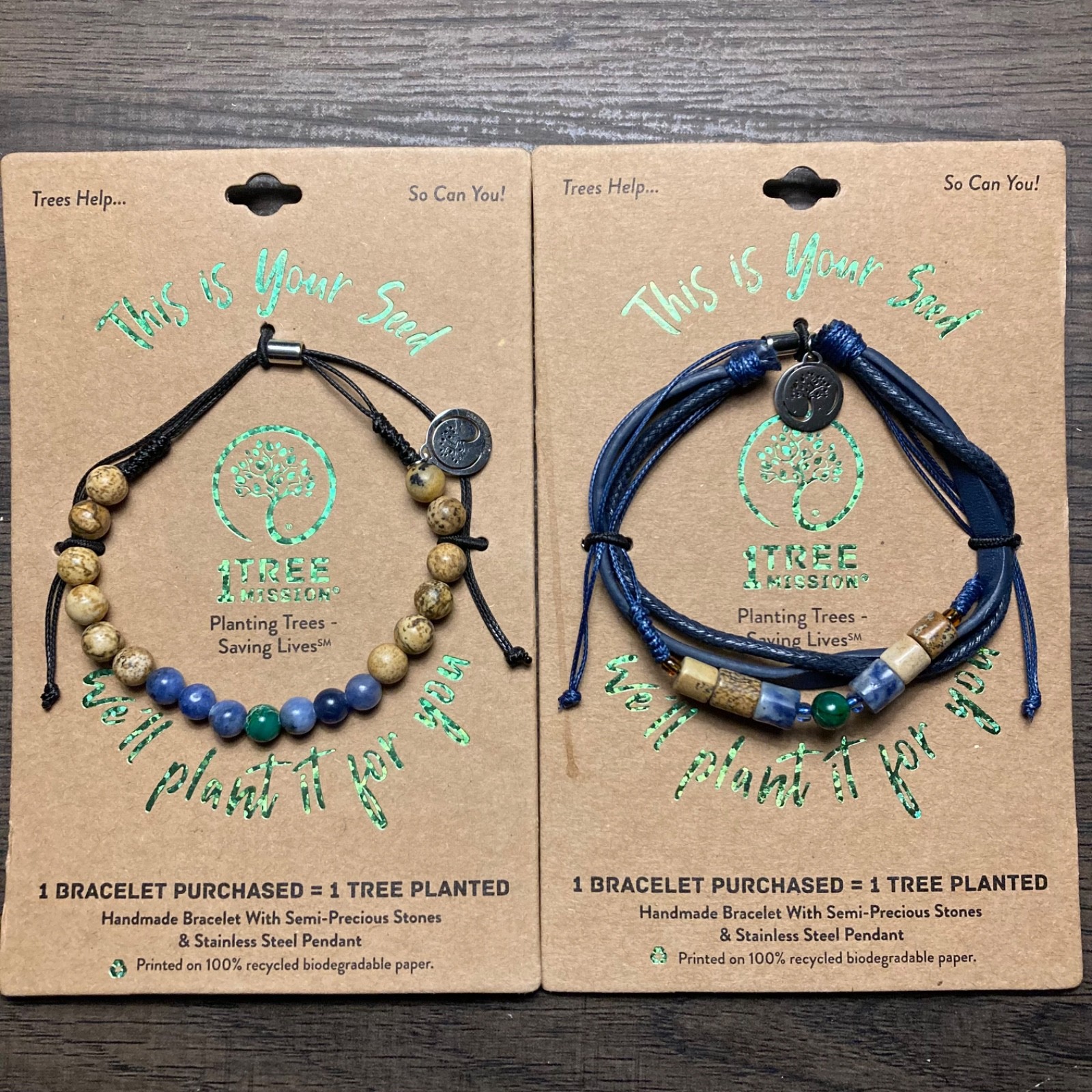 New 2-Pack 1 Tree Mission Handmade Semi-Precious Beaded Pendant Bracelets