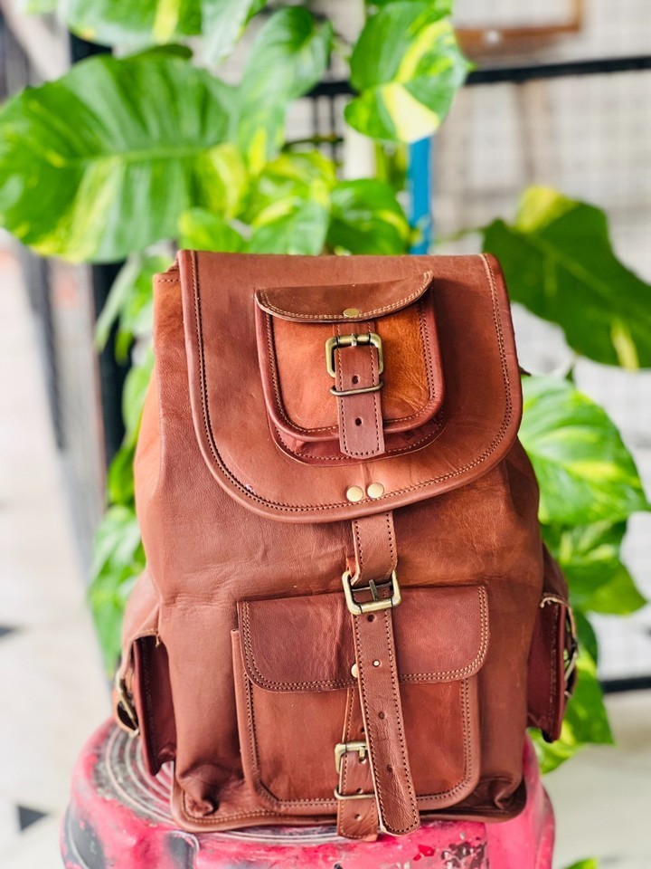 Leather Backpack Bag Rucksack Laptop Vintage Genuine Brown Goat Travel Men's New