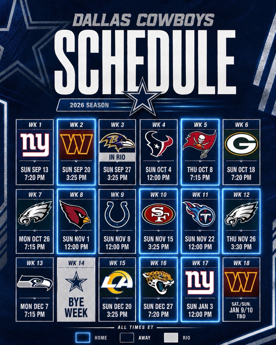 Dallas Cowboys 2026 Schedule Fridge Magnet 6.75x8.7 Laminated NFL
