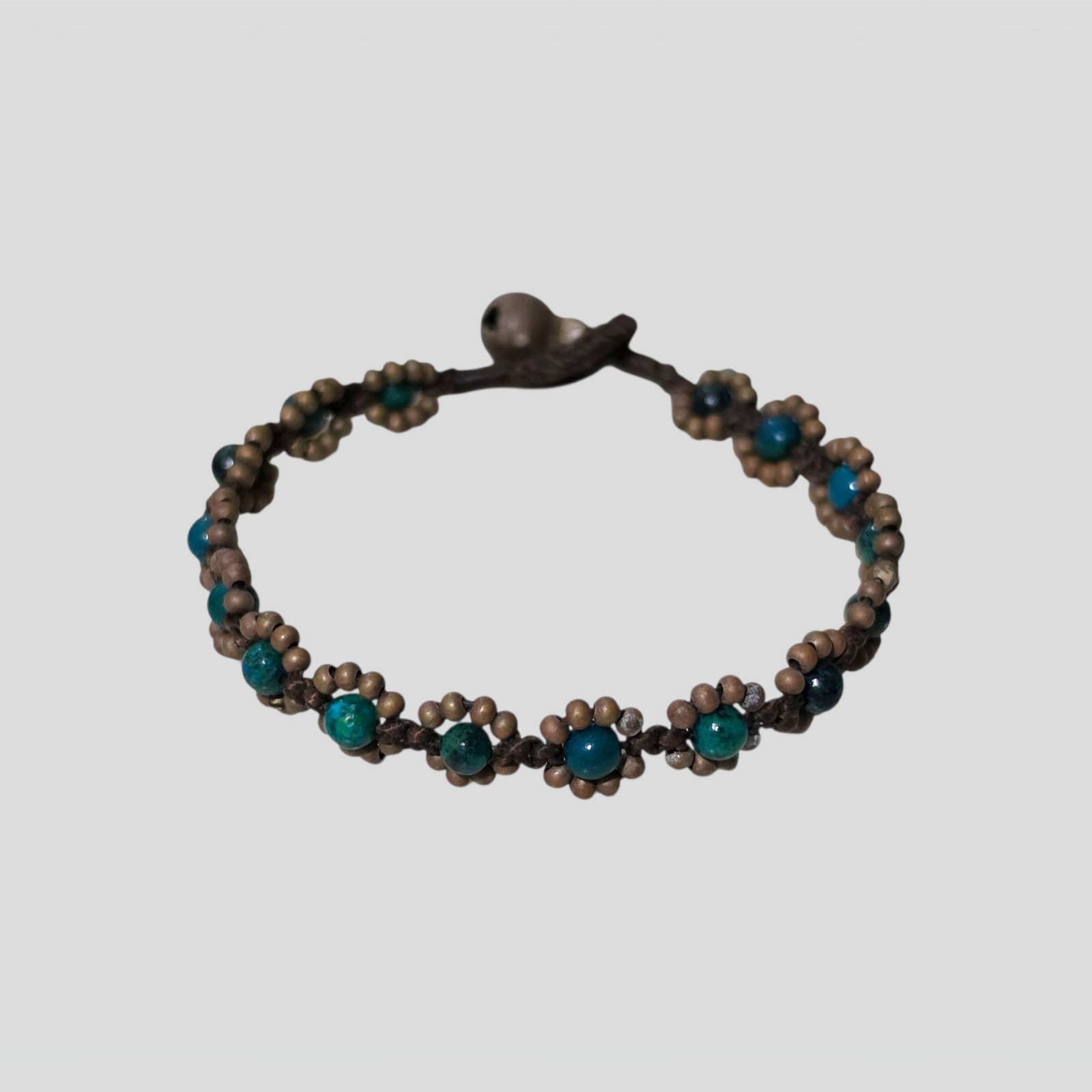 Boho Handmade Glass Bead Bracelet Waxed Cord Bell Toggle Closure Artisan