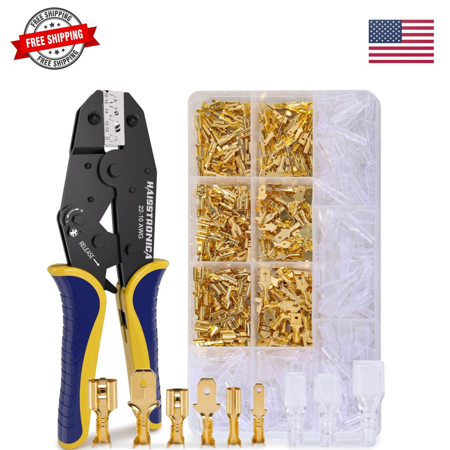 Spade Connector Crimper Kit with 360PCS Open Barrel Terminals, Ratcheting AWG...