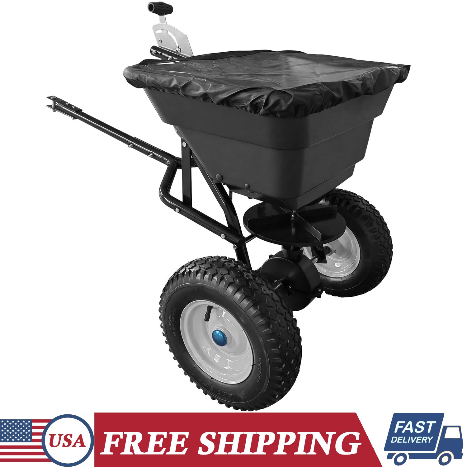 110 LBS Tow Behind Broadcast Spreader Universal Hitch Adjustable Flow Control