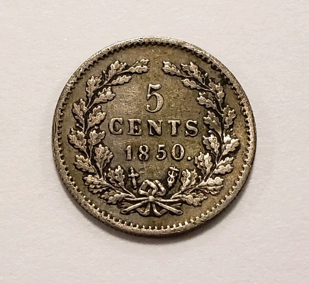1850 Netherlands 5 Cents High 5 Dot After Date .0141 ASW - KM91 - SKU-Q4172