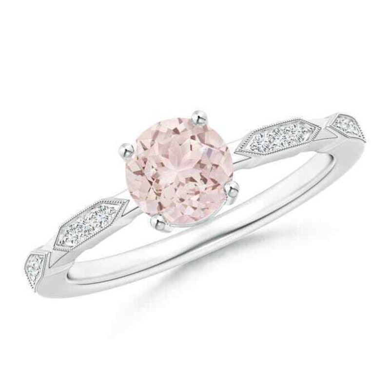 5MM Round Morganite Solitaire Wedding Ring with Side Accents 925 Sterling Silver
