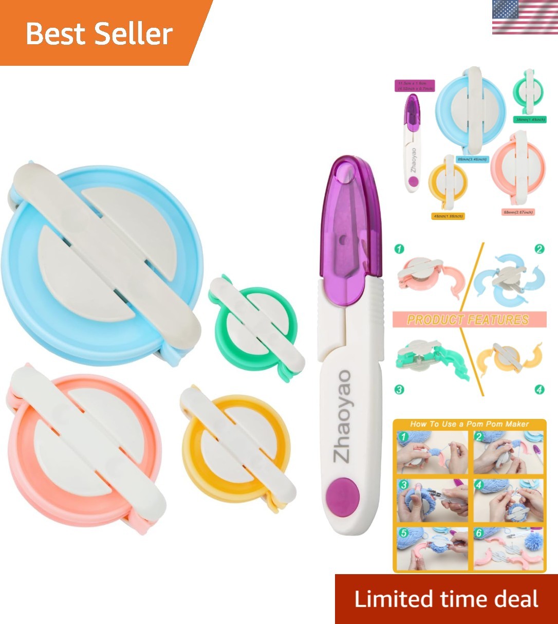 Durable 4 Size Pompom Makers & Stainless Steel Scissors for Crafting Fun
