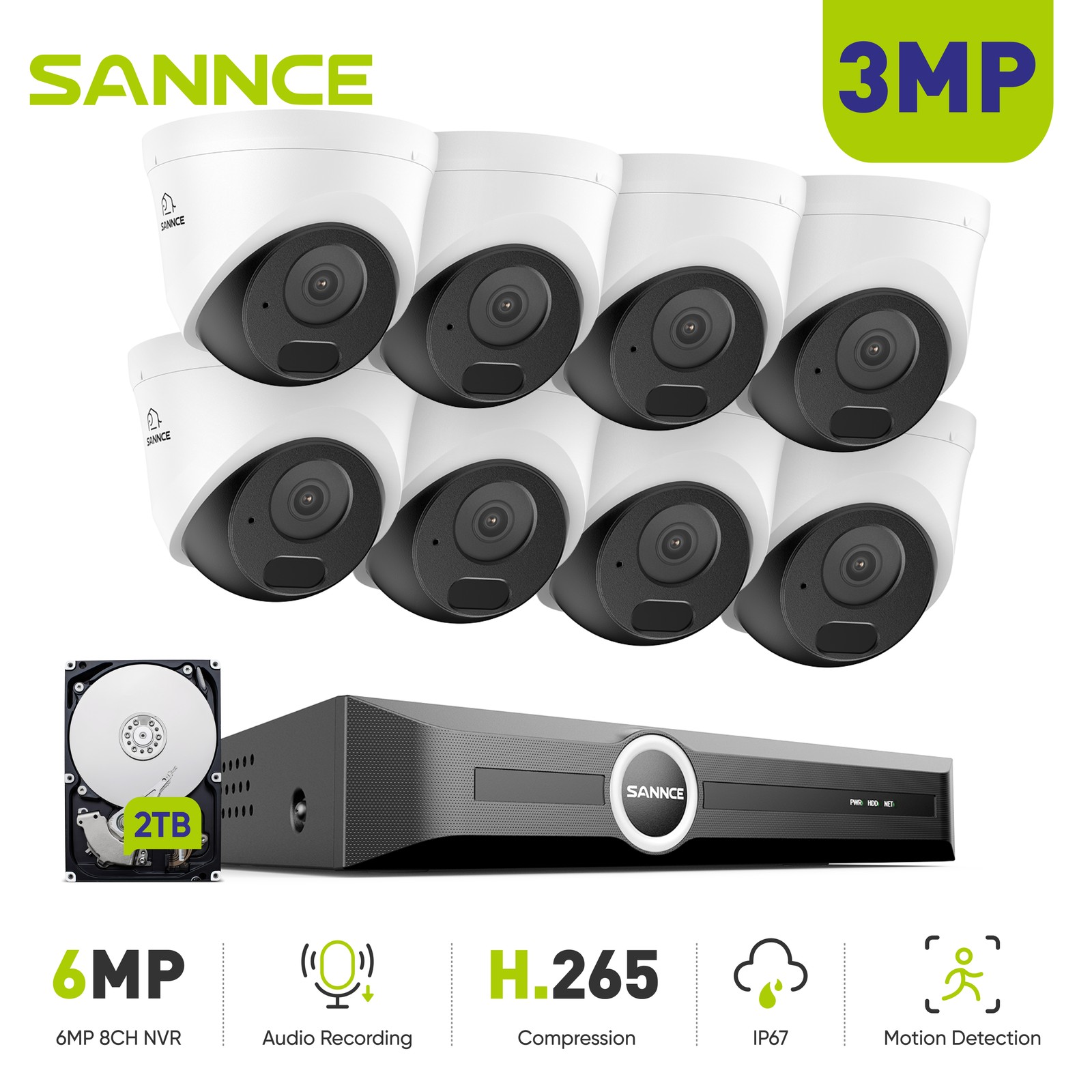 SANNCE 8CH 6MP NVR 3MP POE Security IP Camera System Outdoor Audio Recording 2TB