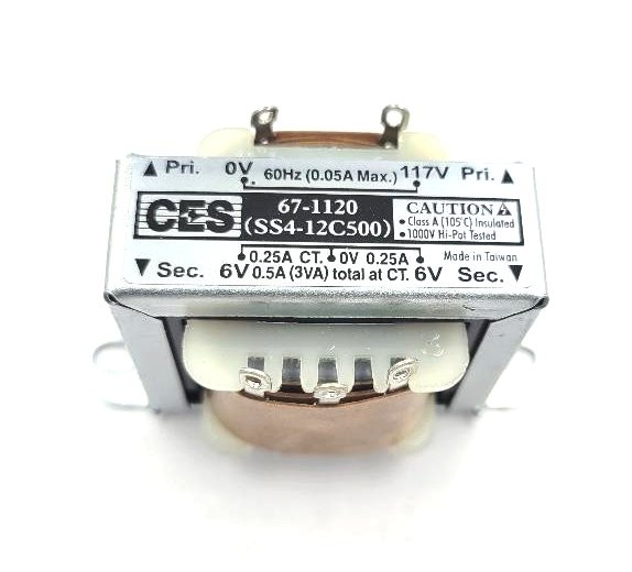 Power Transformer, 117VAC - 12VAC Center Tap (+6_0_-6), 0.5A,