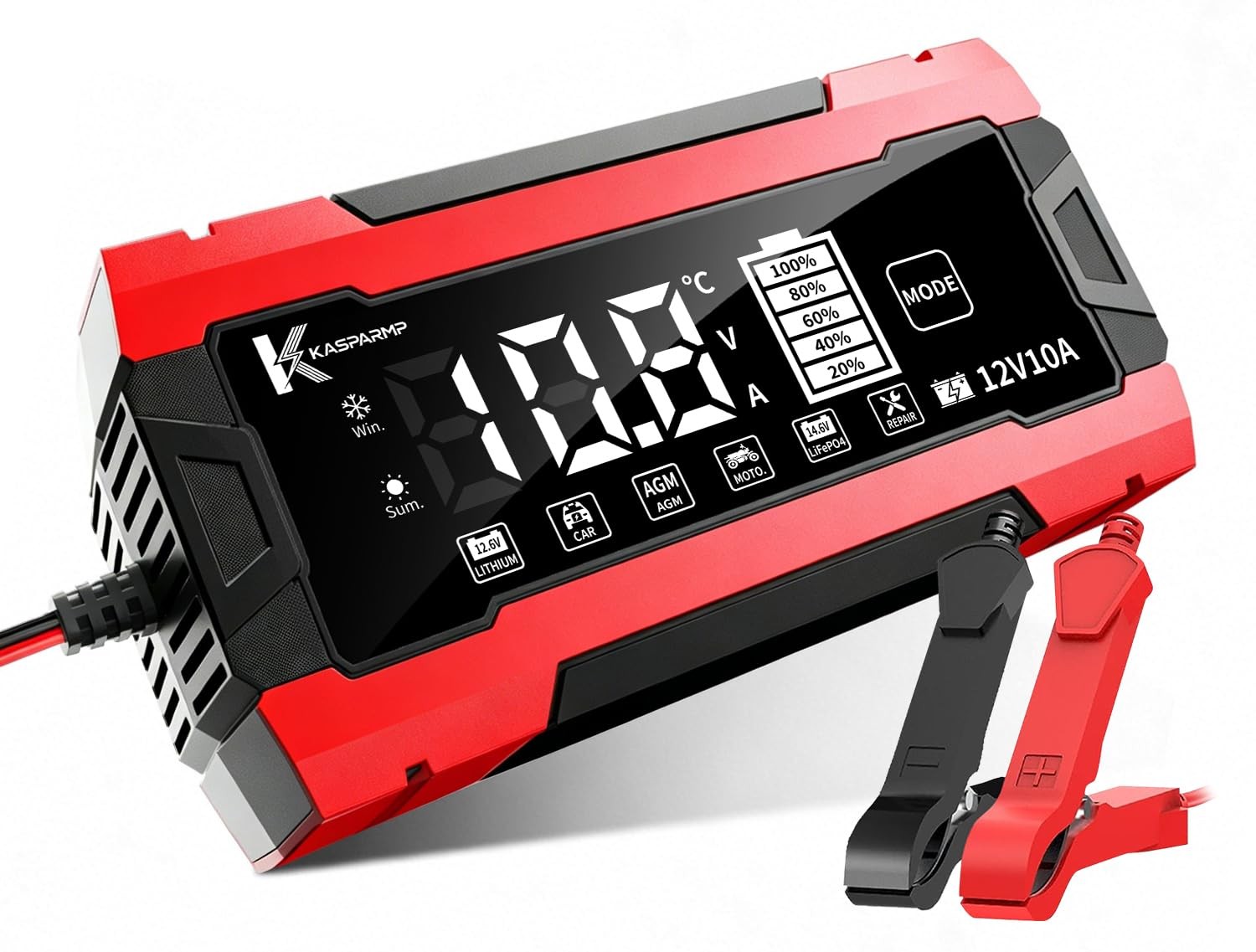 12V 10A Smart Battery Charger for Car and Motorcycle Red-Black