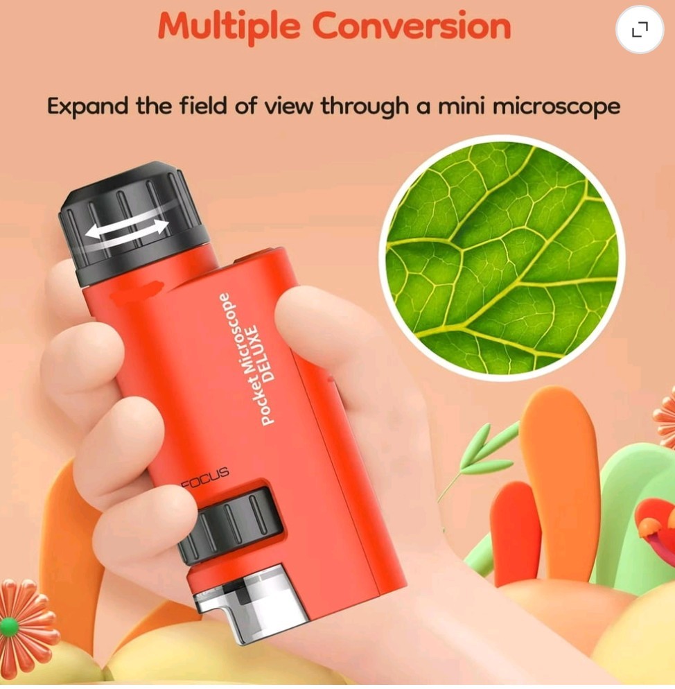 Mini Pocket Microscope Deluxe for Kids LED Light Handheld Science Lab Red Open B