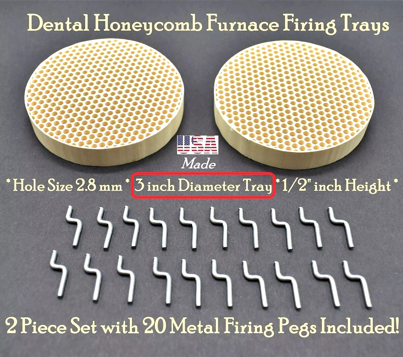2 Dental Lab Porcelain Honeycomb Firing Trays 3" Furnace Sagger + 20 Metal Pins