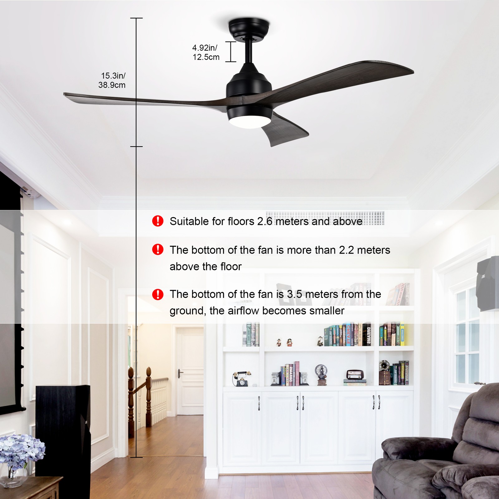 52"Solid Wood Blades Ceiling Fan Lights Remote Control,Quiet DC Motor 3 Blade