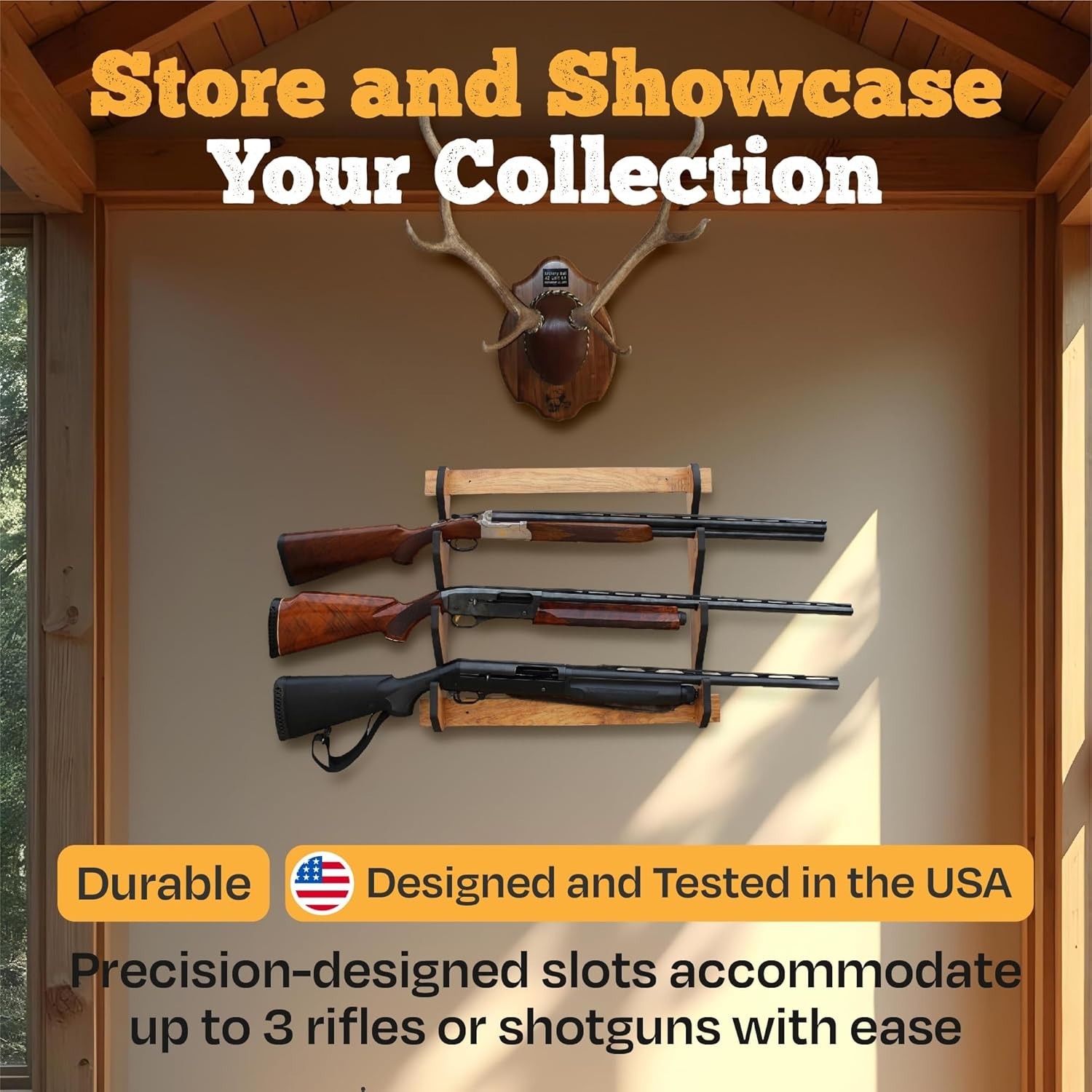 Wooden Gun Rack Indoor Storage for 3 Rifles Shotguns Premium Wood Display Wall