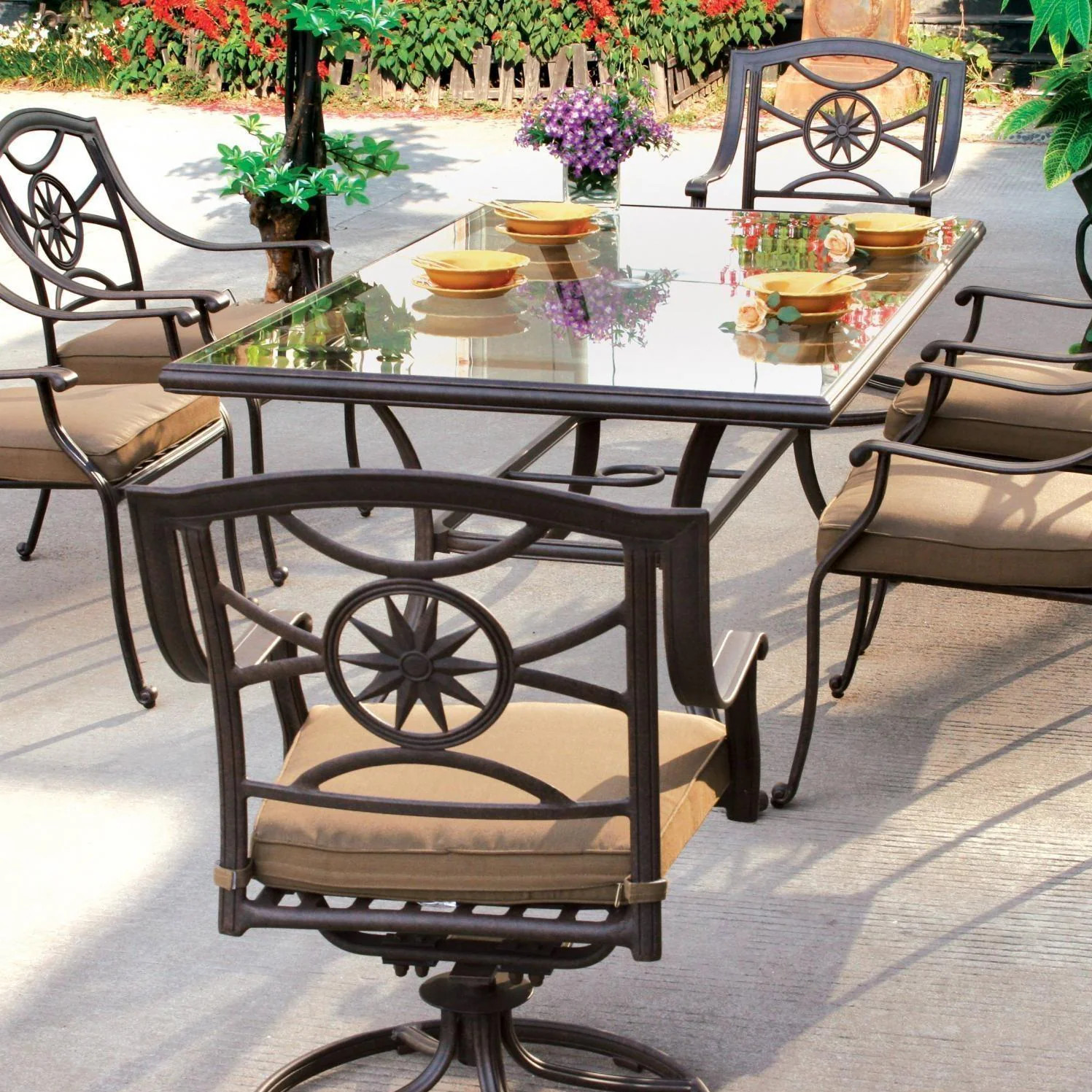 Ten Star 7 Pc Cast Aluminum Dining Set 72 X 42 Inch Series 50 Table & 2 Swivel