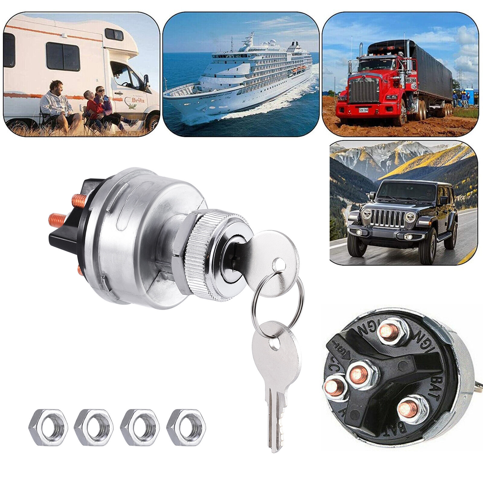2 PACK Ignition Switch with Key, 4 Position Universal Key Ignition Switch 12v