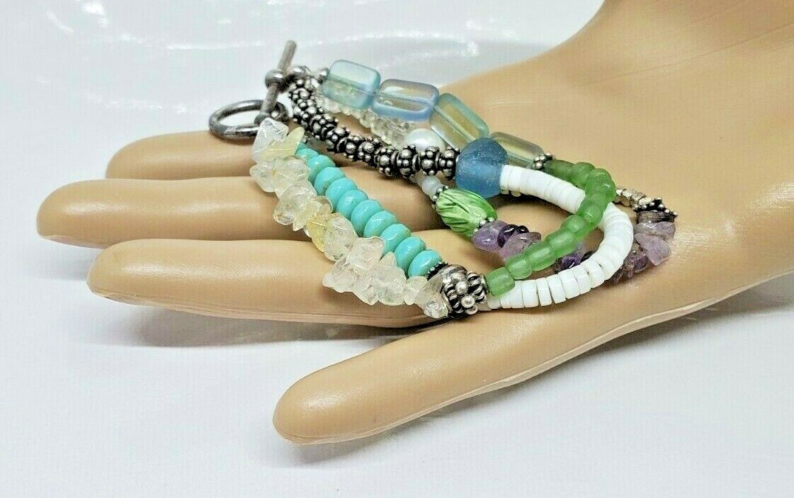 Multistone Teal Blue White Green Multibead Toggle Bracelet 7"