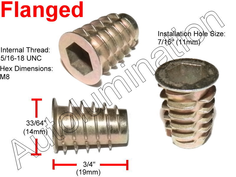 E-Z LOK 5/16-18 Die Cast Zinc Hex Drive Threaded Insert Wood Flanged Unflanged