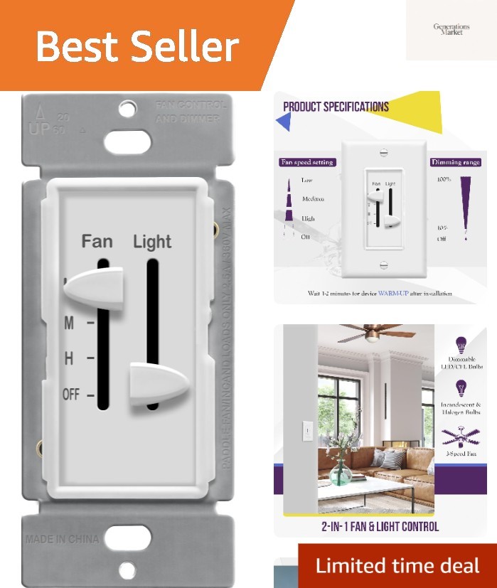 3 Speed Ceiling Fan Control and LED Dimmer Light Switch, 2.5A Single Pole Lig...