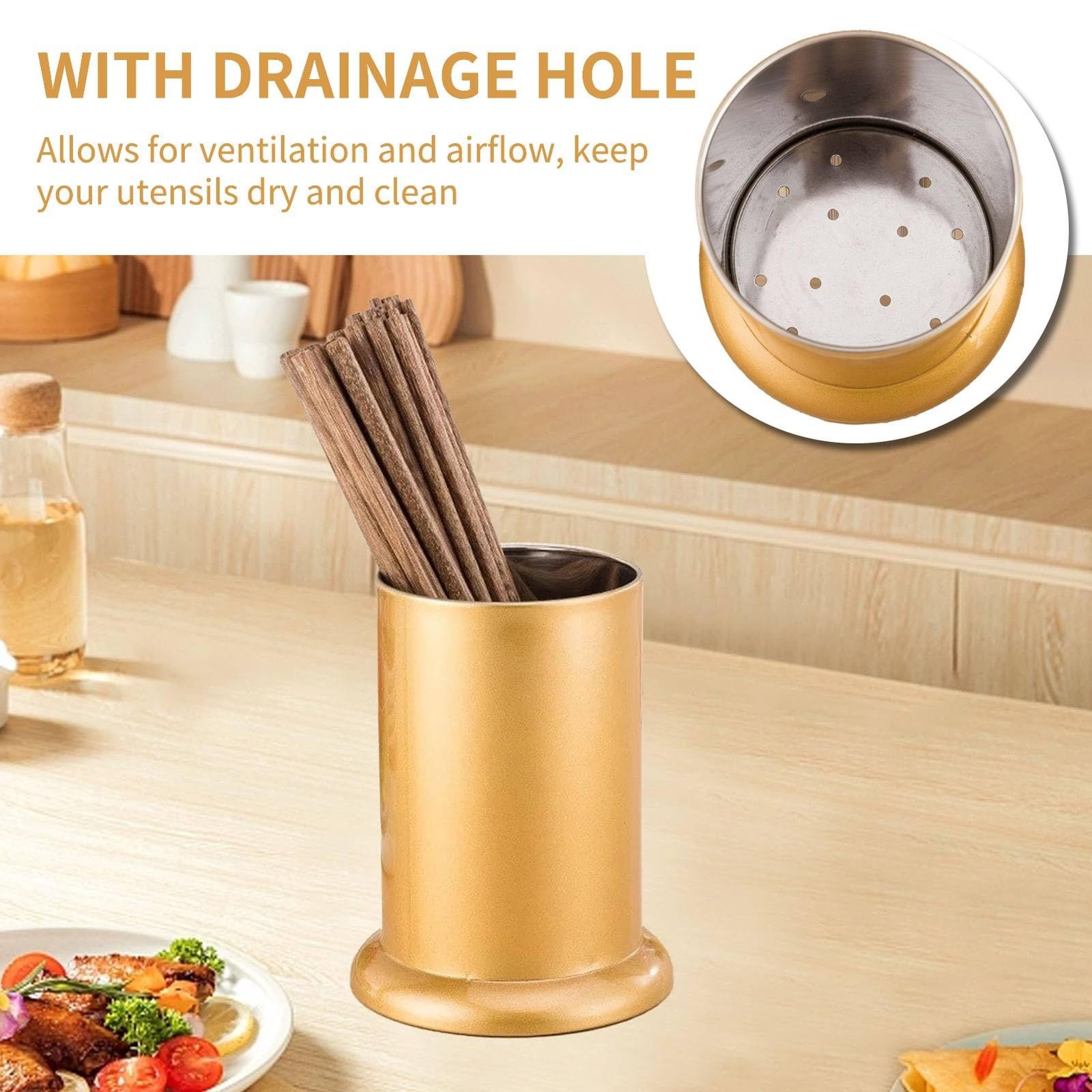 Utensil Holder, Stainless Steel Flatware Storage Basket Gold Silverware