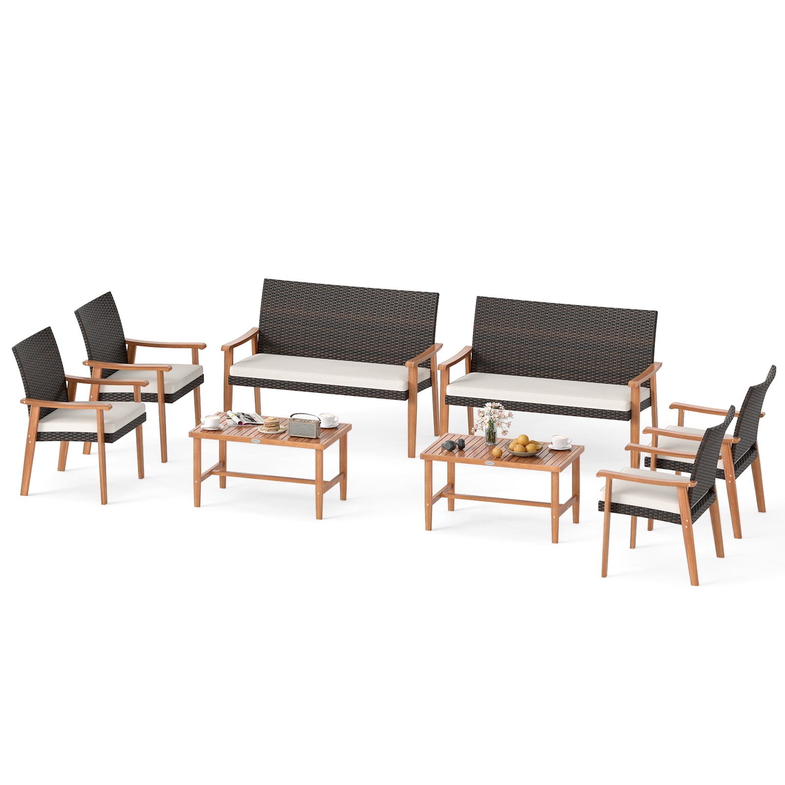 Set of 8 Patio Furniture Set w/Acacia Wood Coffee Table & Soft Cushions for