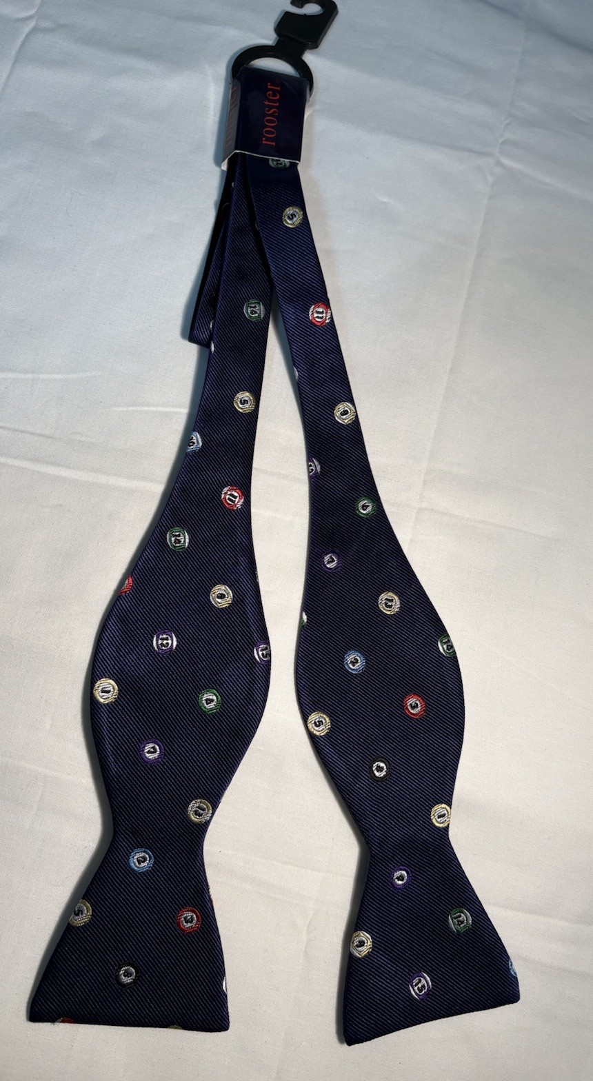 Rooster Bowtie Navy Blue Repp Pool Ball Pattern 100% Silk Self Tie, NWT