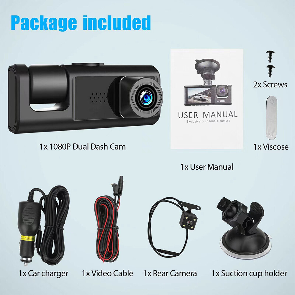 Car Dual Len Dash Cam Video Recorder Camera HD G-sensor Front/Rear/Inside Camara