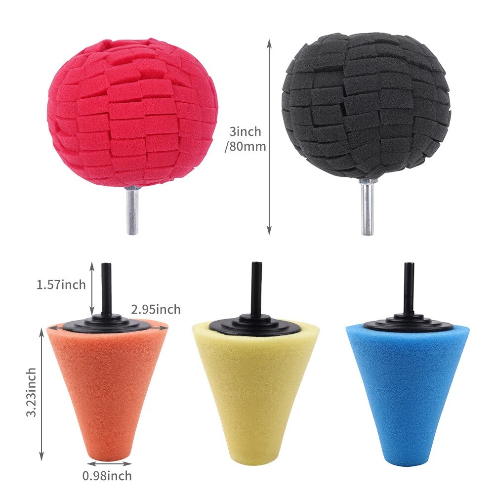 Foam Drill Polishing Cone Ball Pads Kit Car Hub Waxing Buffing Wheel Polisher 5x